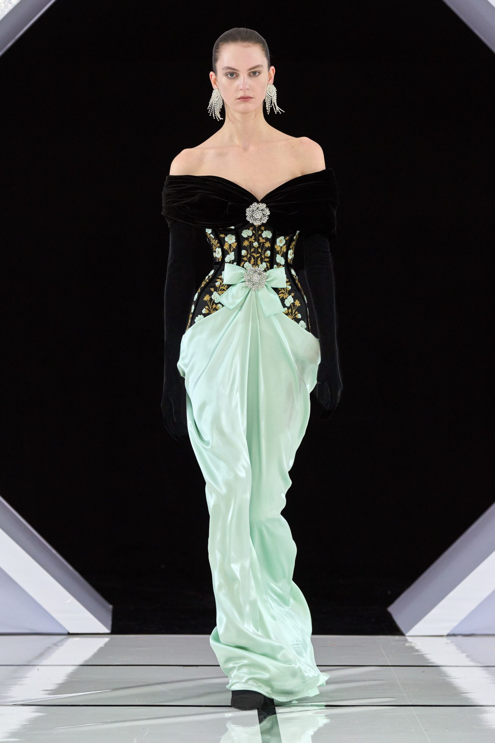 black silk off-shoulder fitted embroidered draped shiny gown
