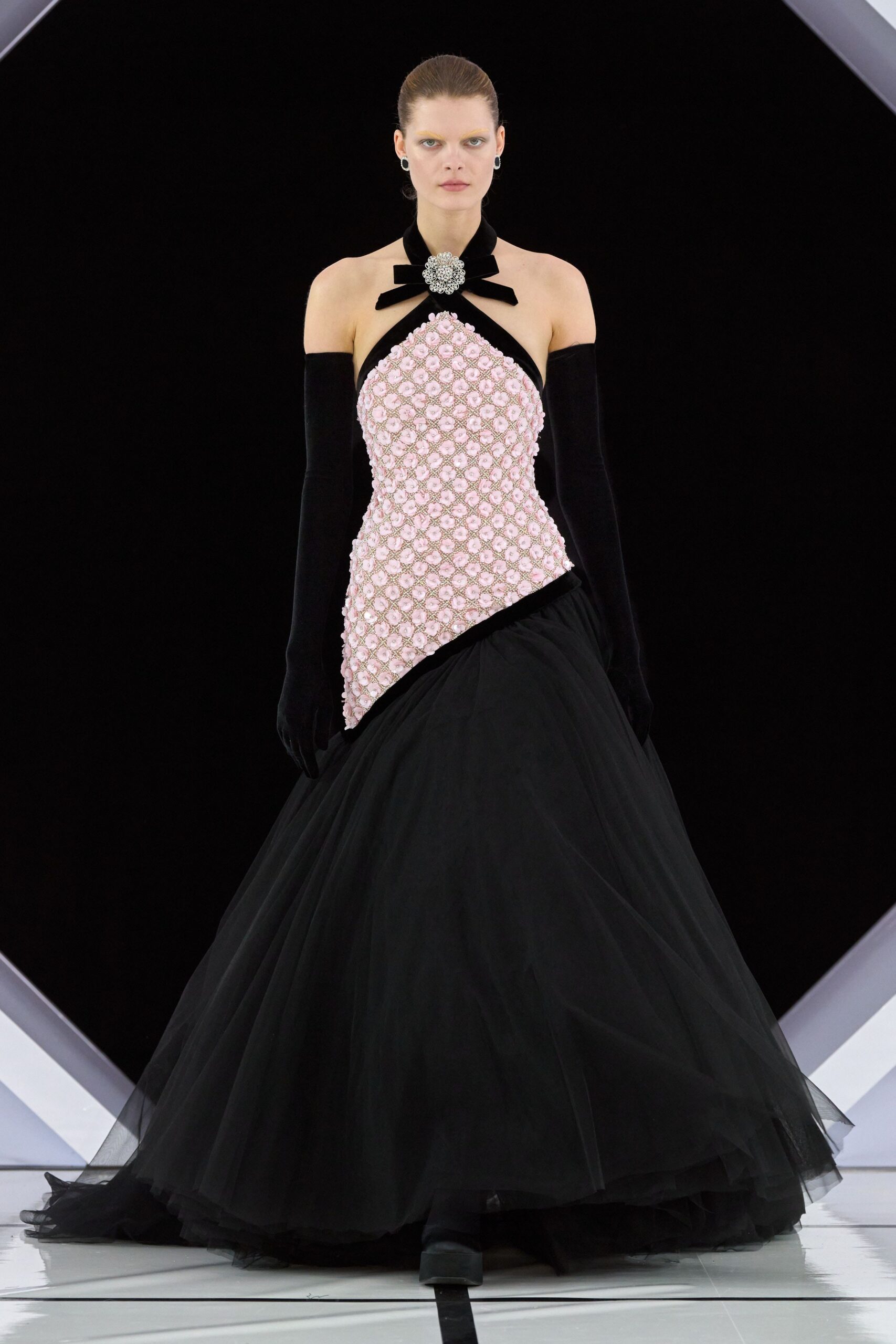 black and pink strapless gown