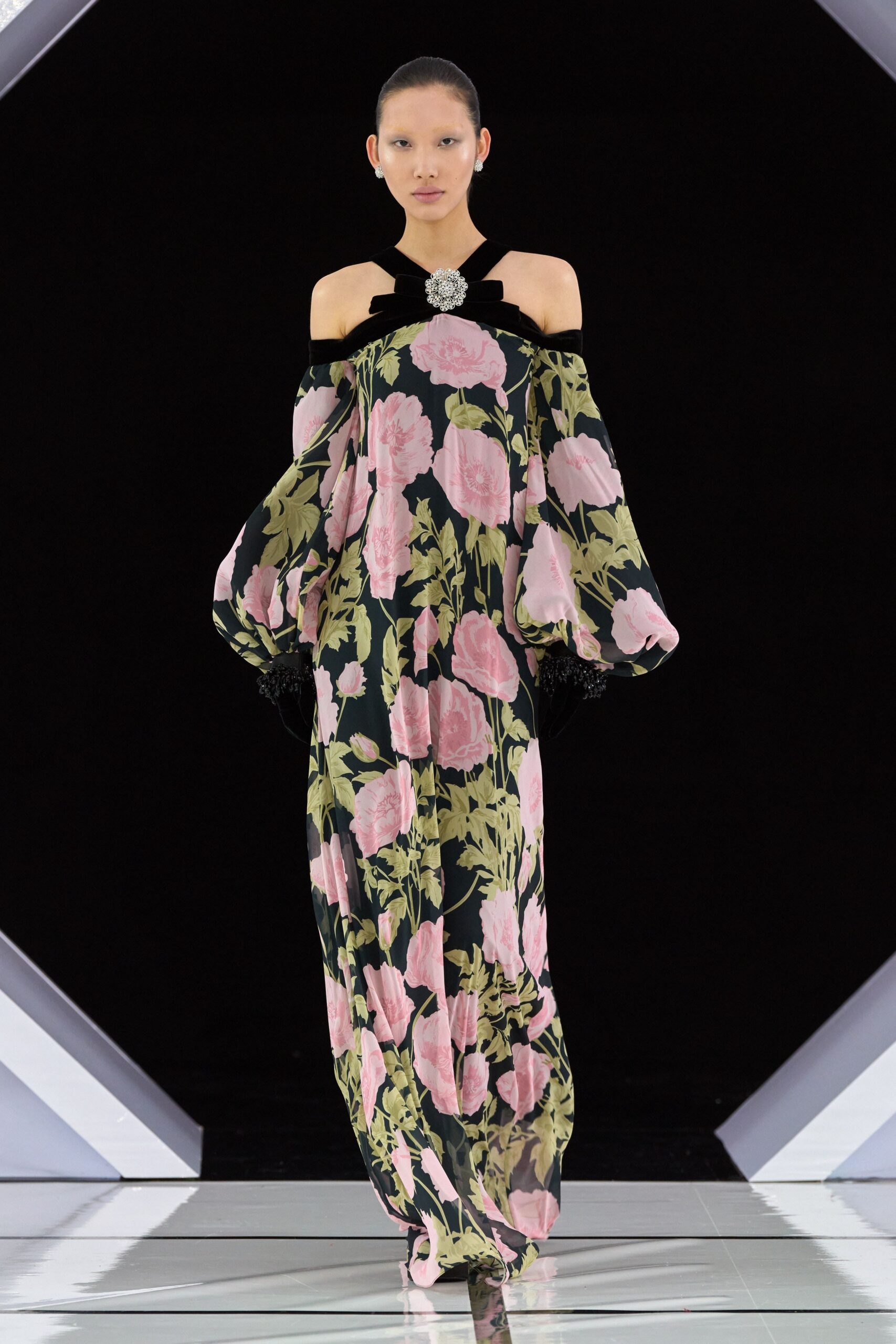 black floral off-shoulder gown