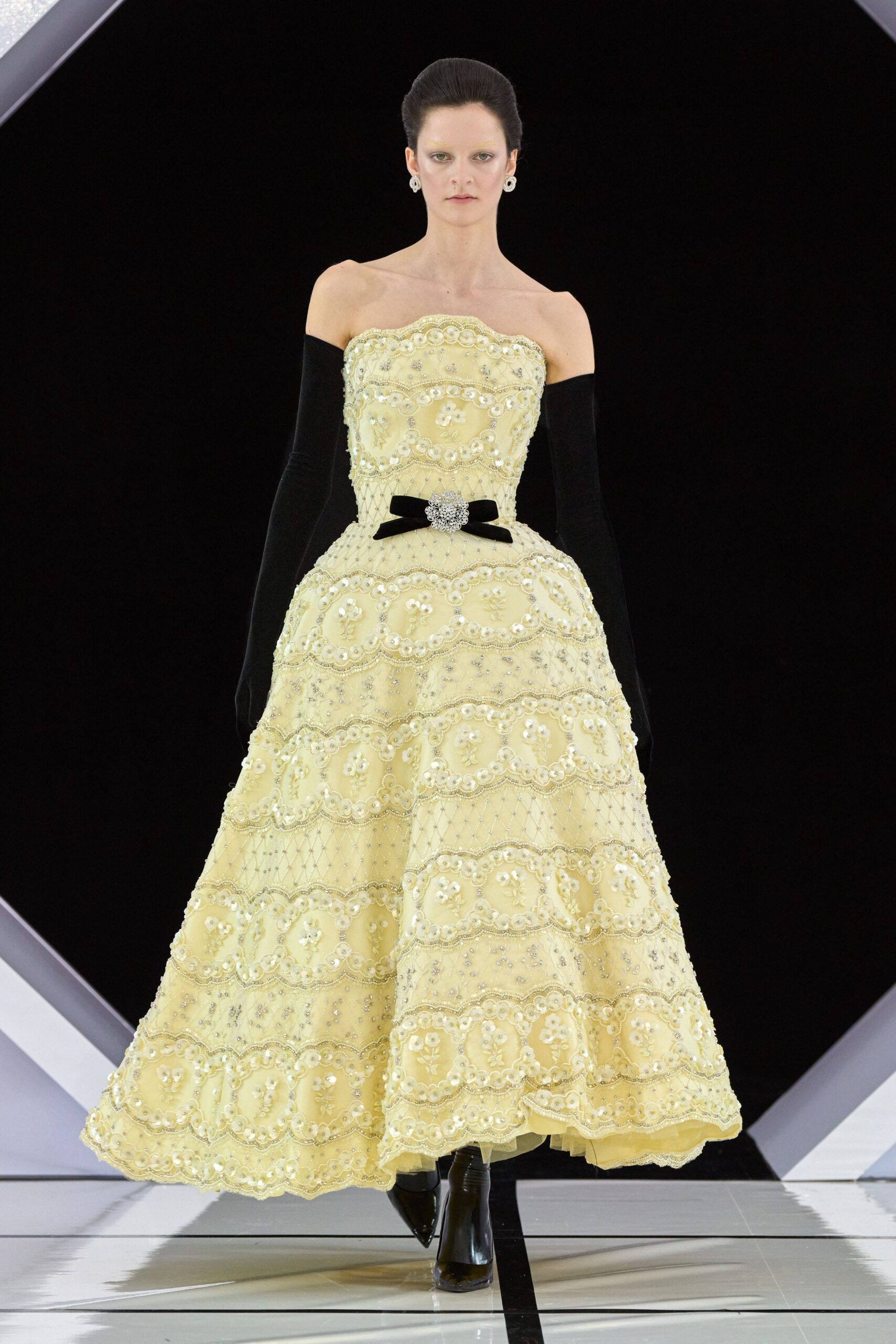 yellow silk strapless fitted embroidered tiered maxi gown