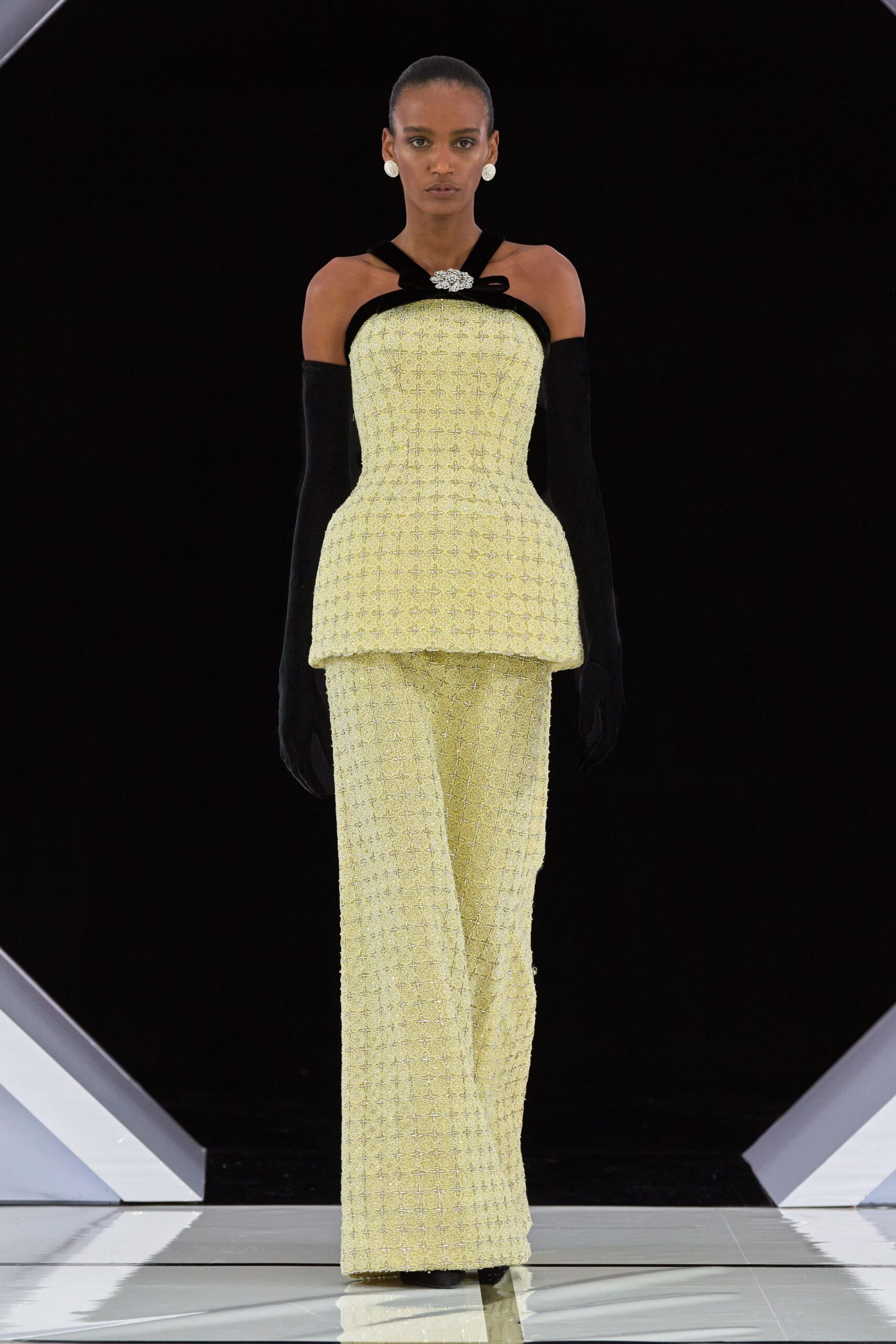 yellow silk sleeveless off-shoulder fitted pleated top