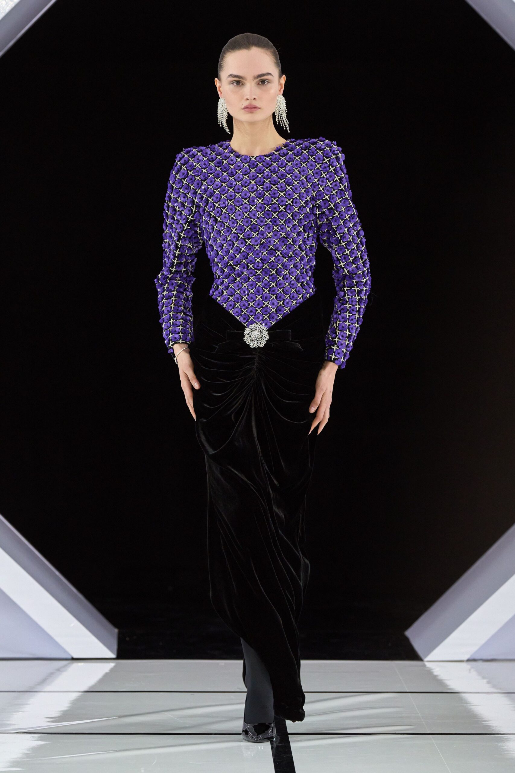 purple silk long-sleeve high-neck fitted embroidered top
