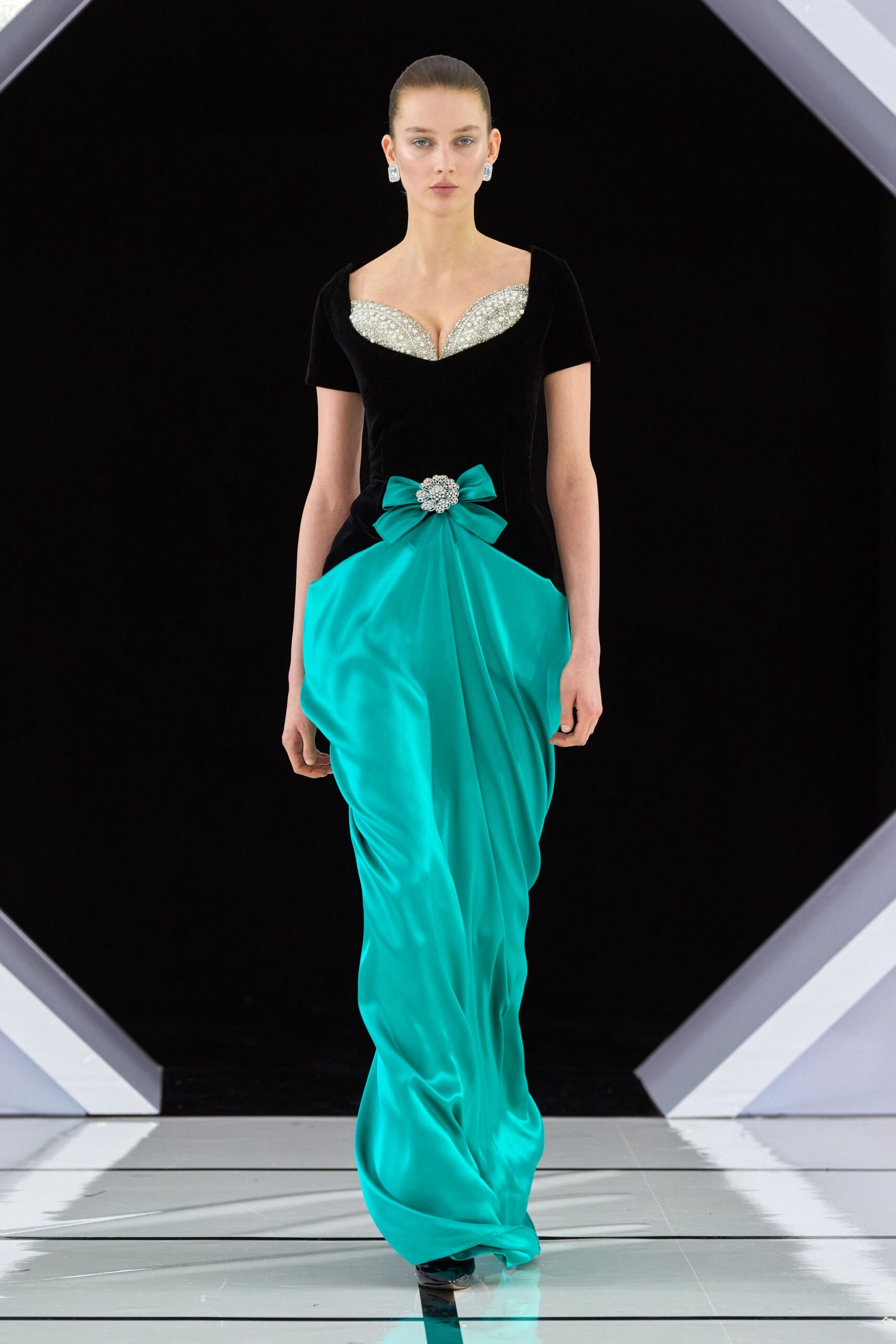black and teal fitted gown