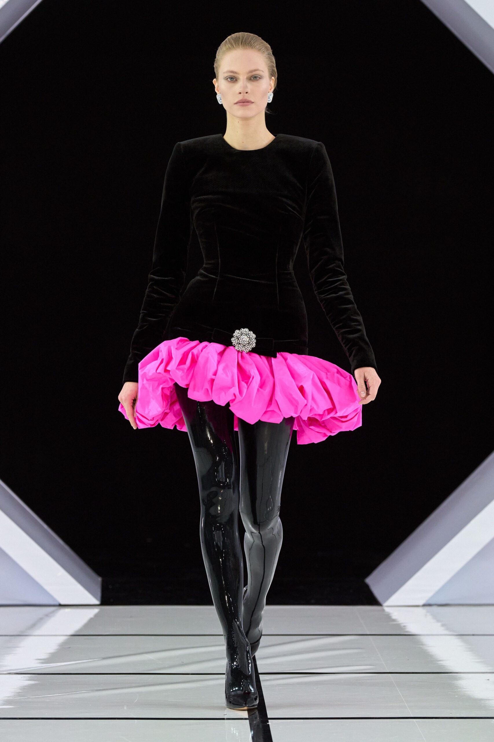 black velvet long-sleeve high-neck fitted ruffled tiered dress
