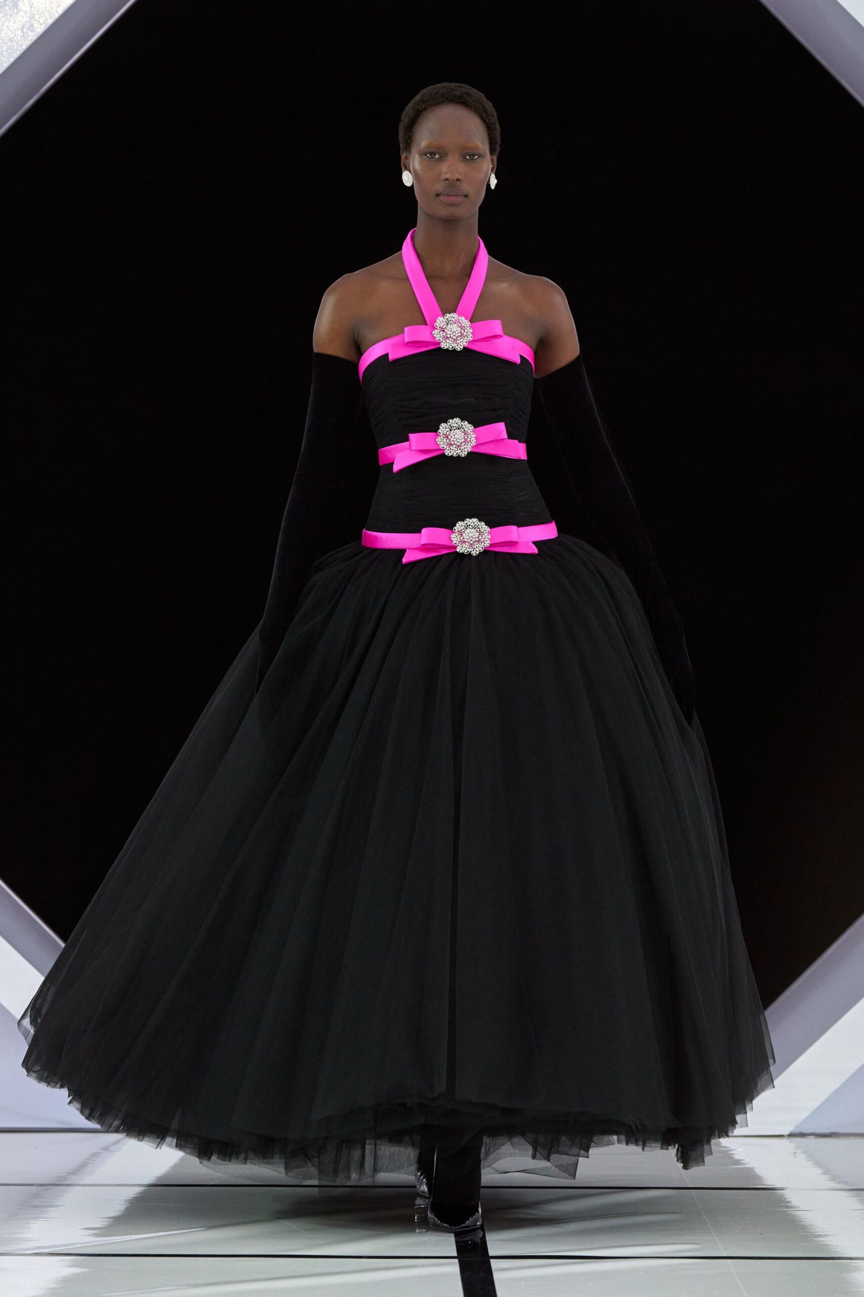 black tulle halter gown
