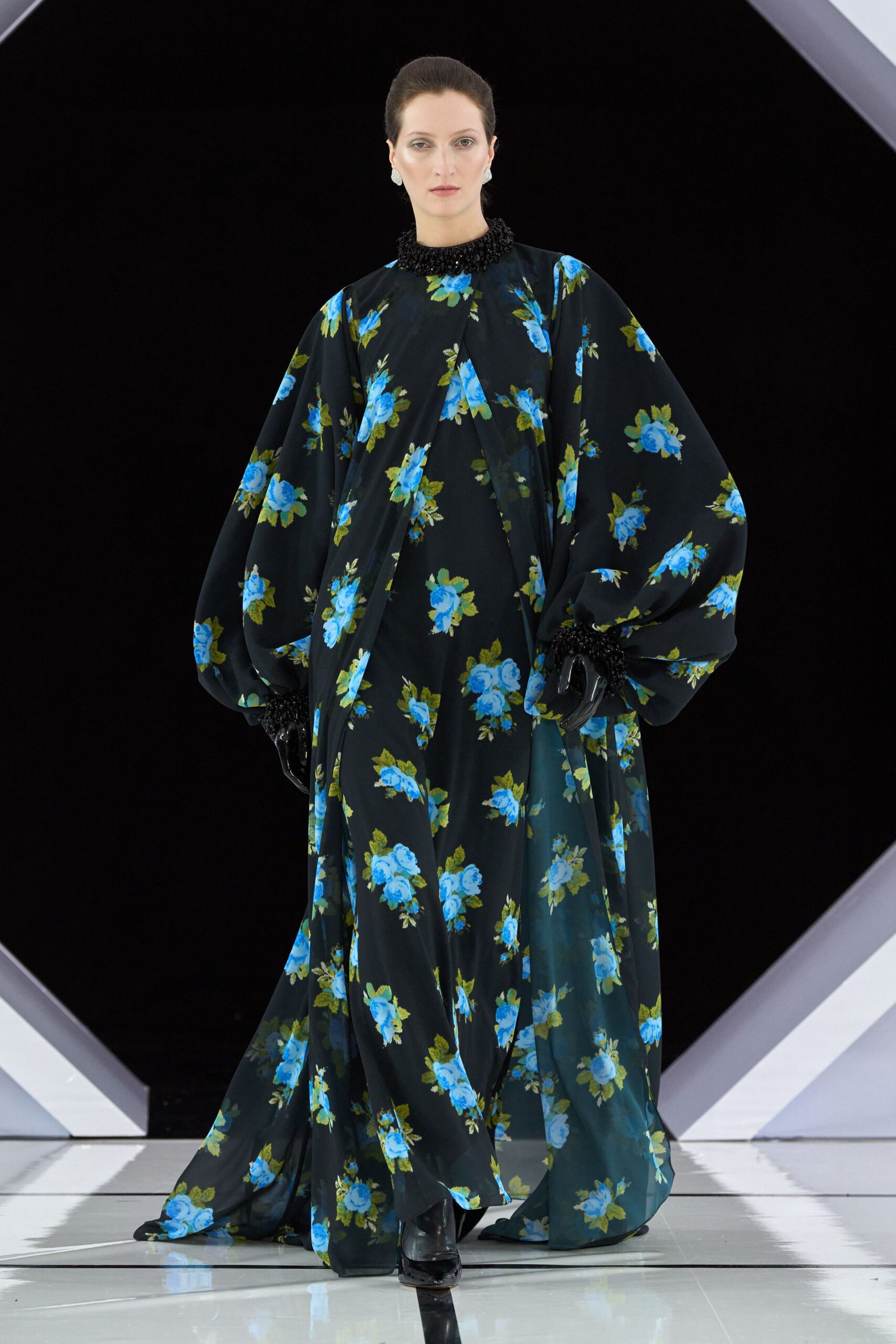black silk long-sleeve high-neck relaxed floral draped gown