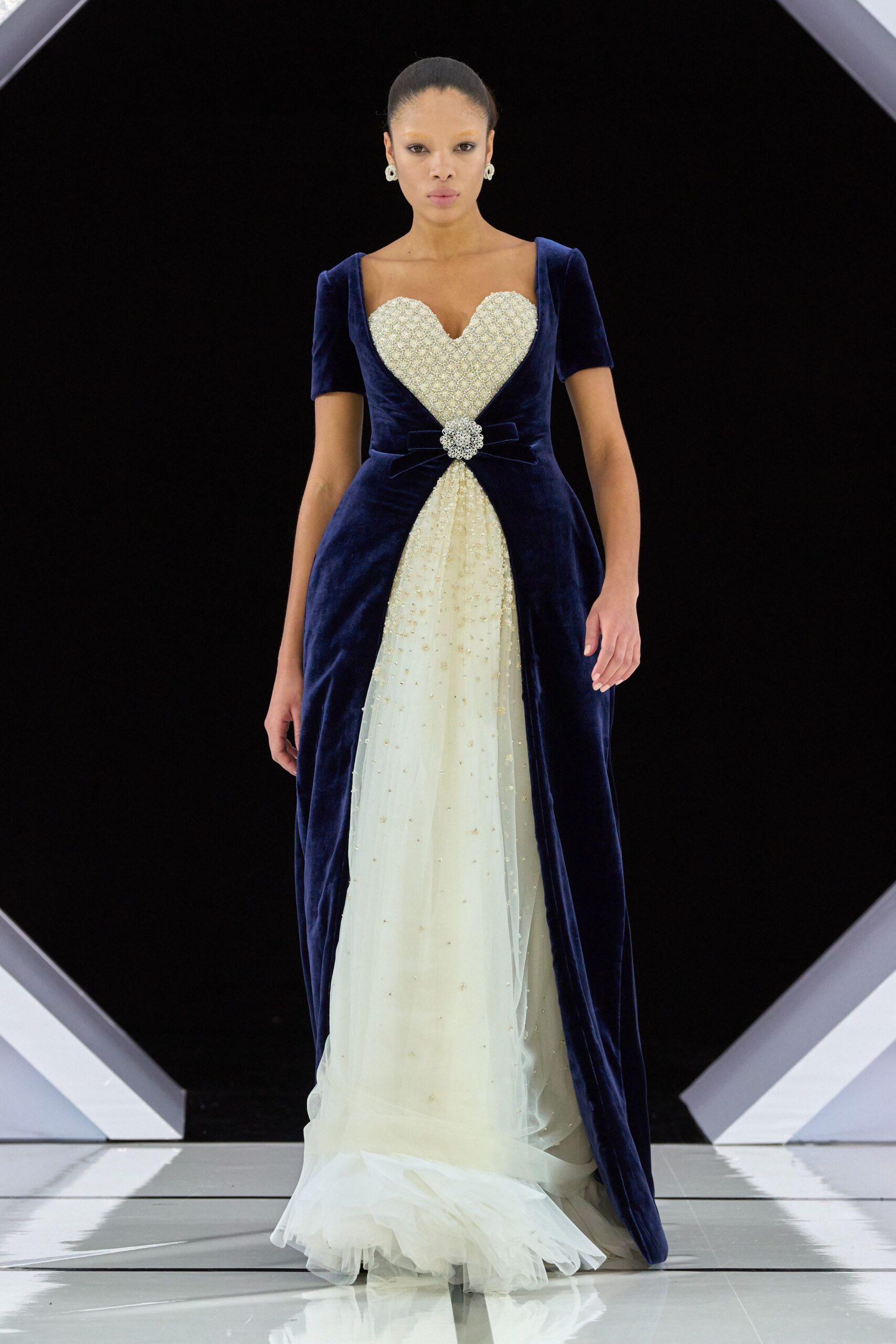 navy velvet beaded gown