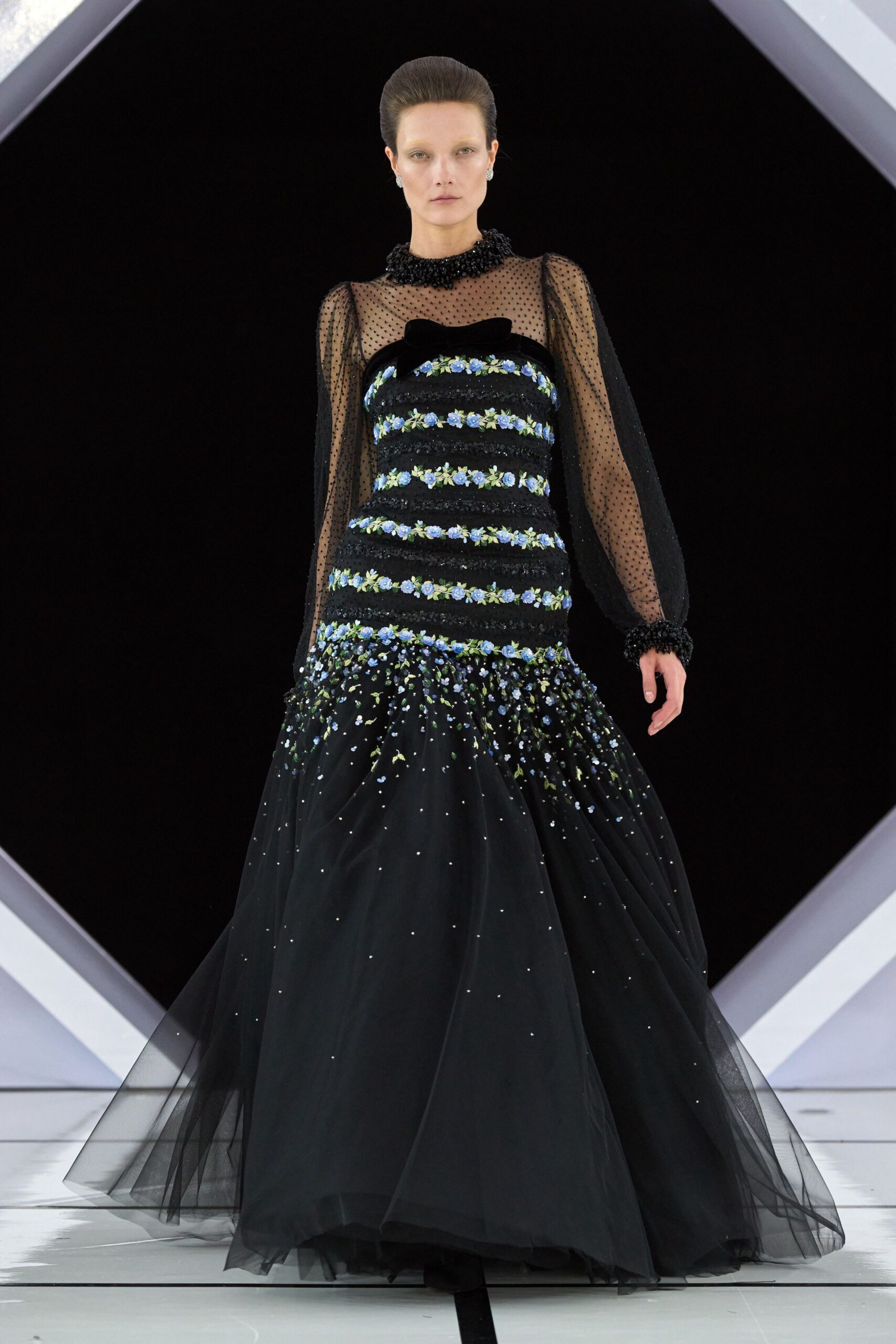 black embroidered sheer gown