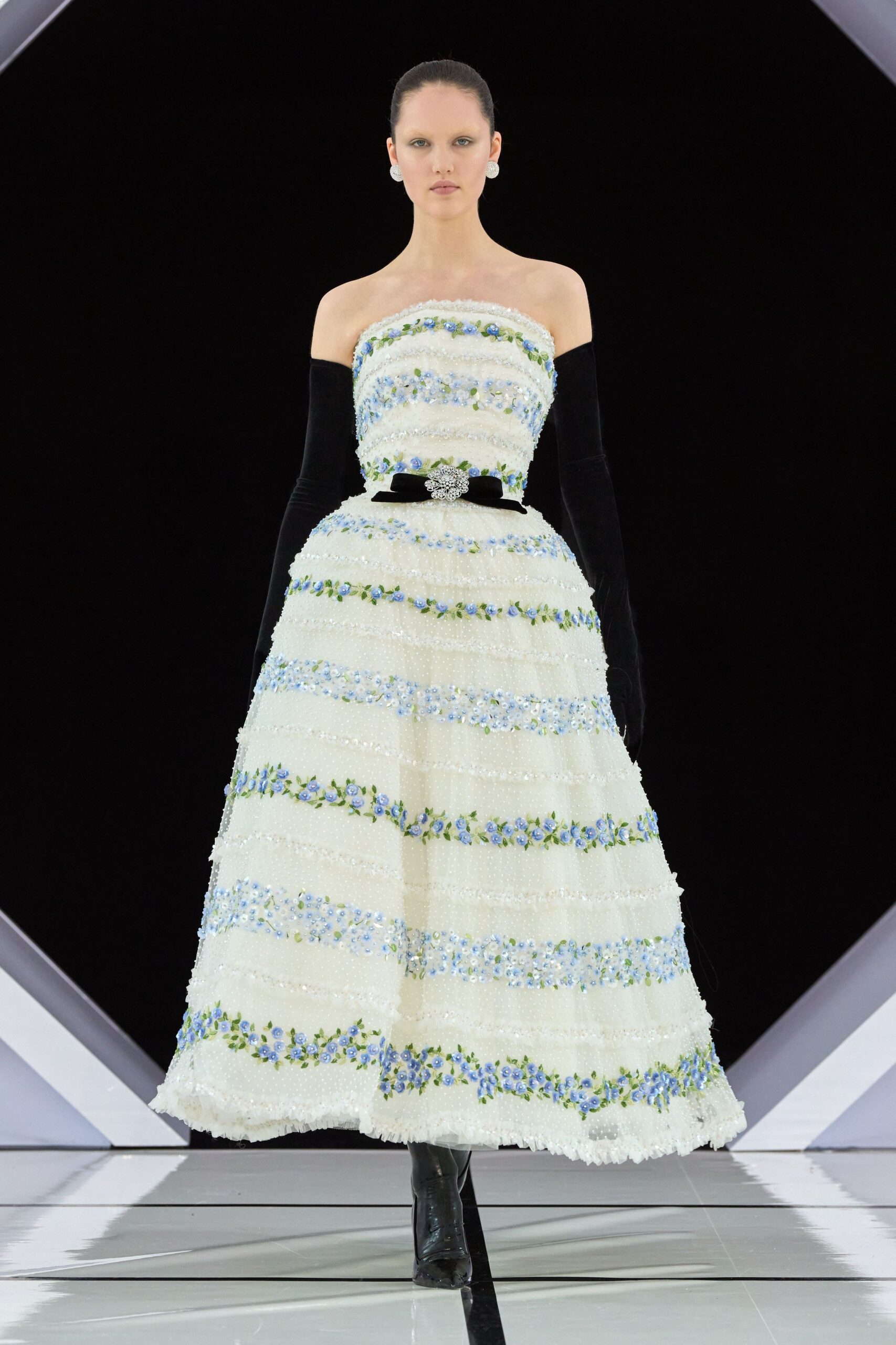 white silk strapless fitted pleated embroidered maxi gown