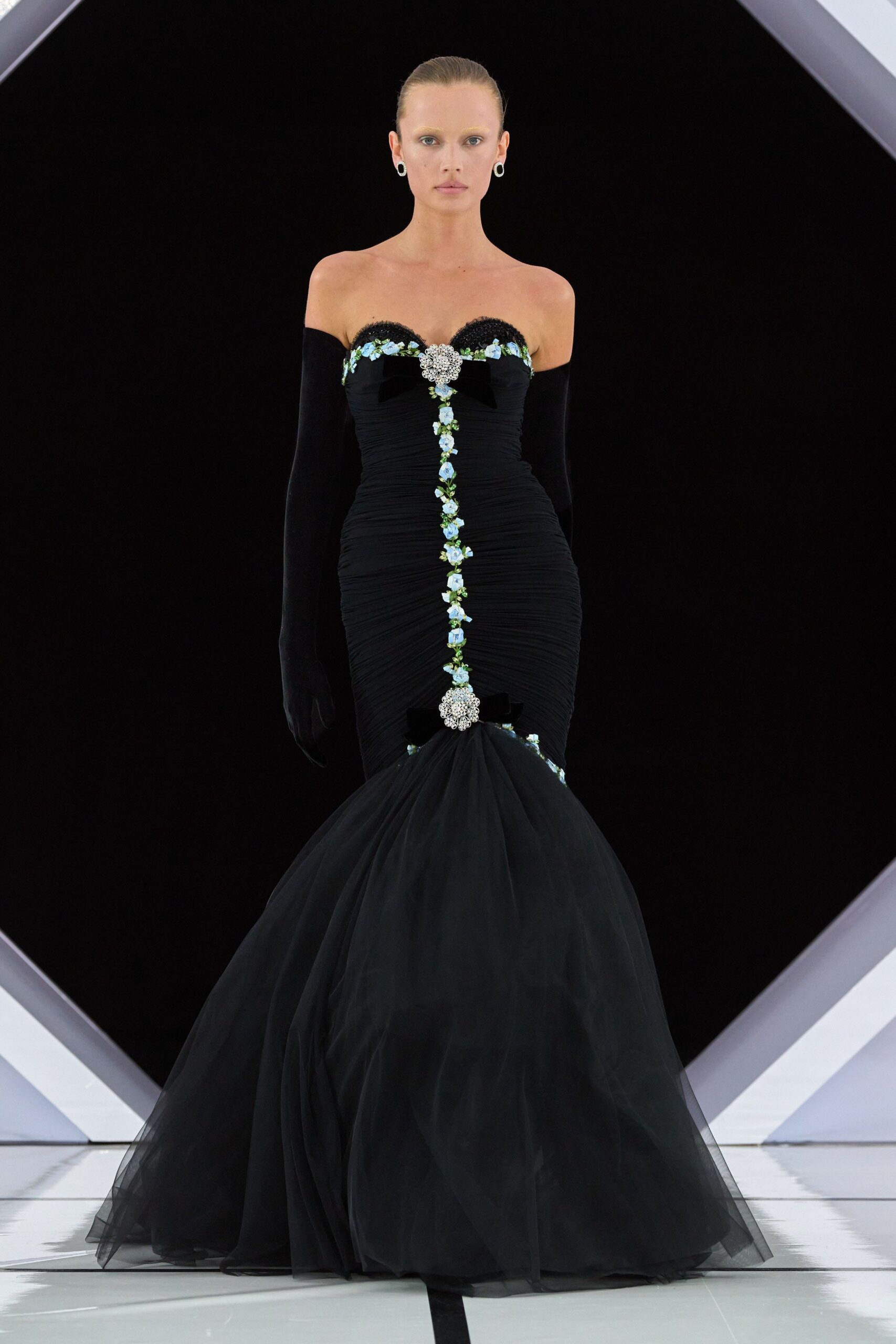 black strapless ruched gown
