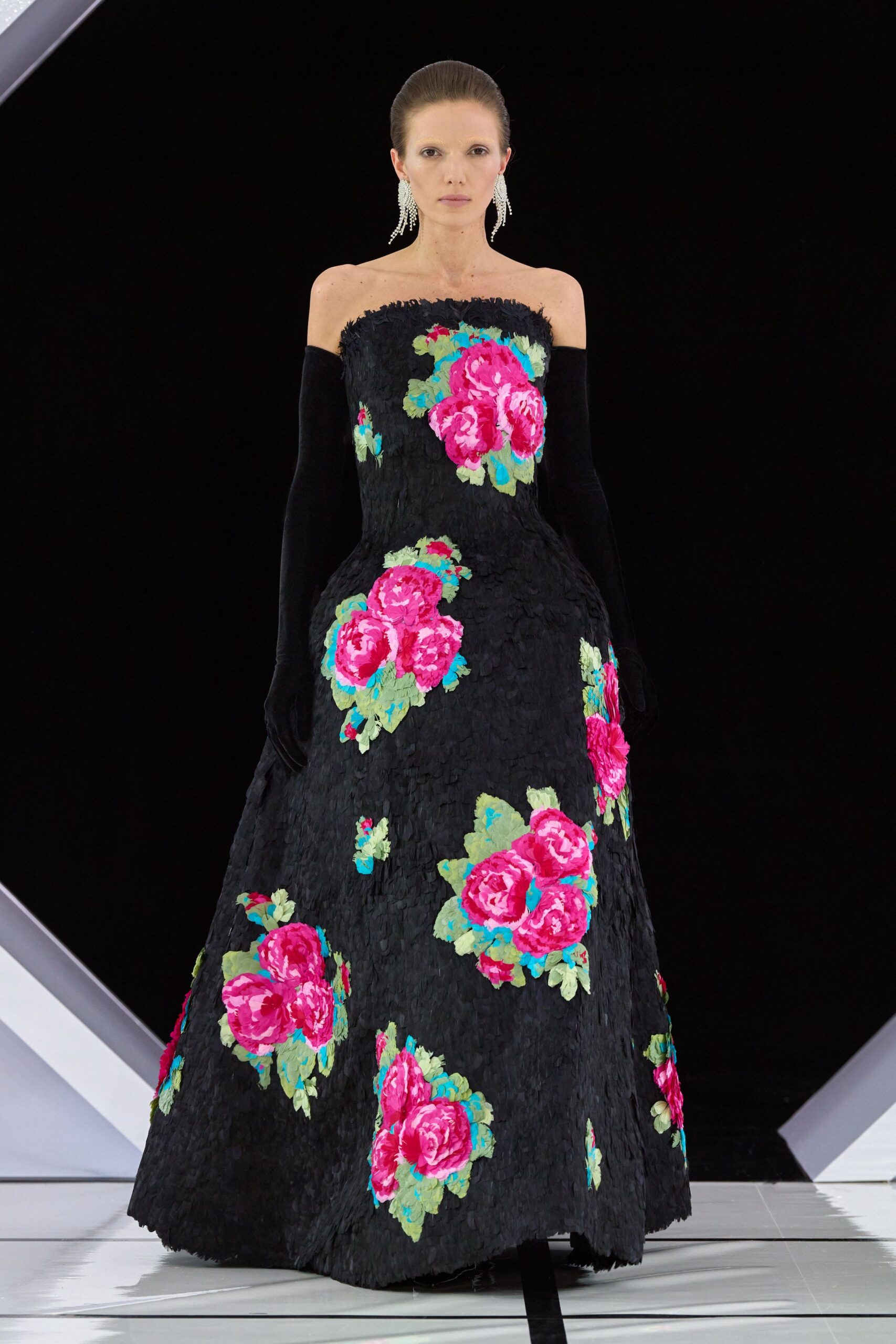black floral strapless gown