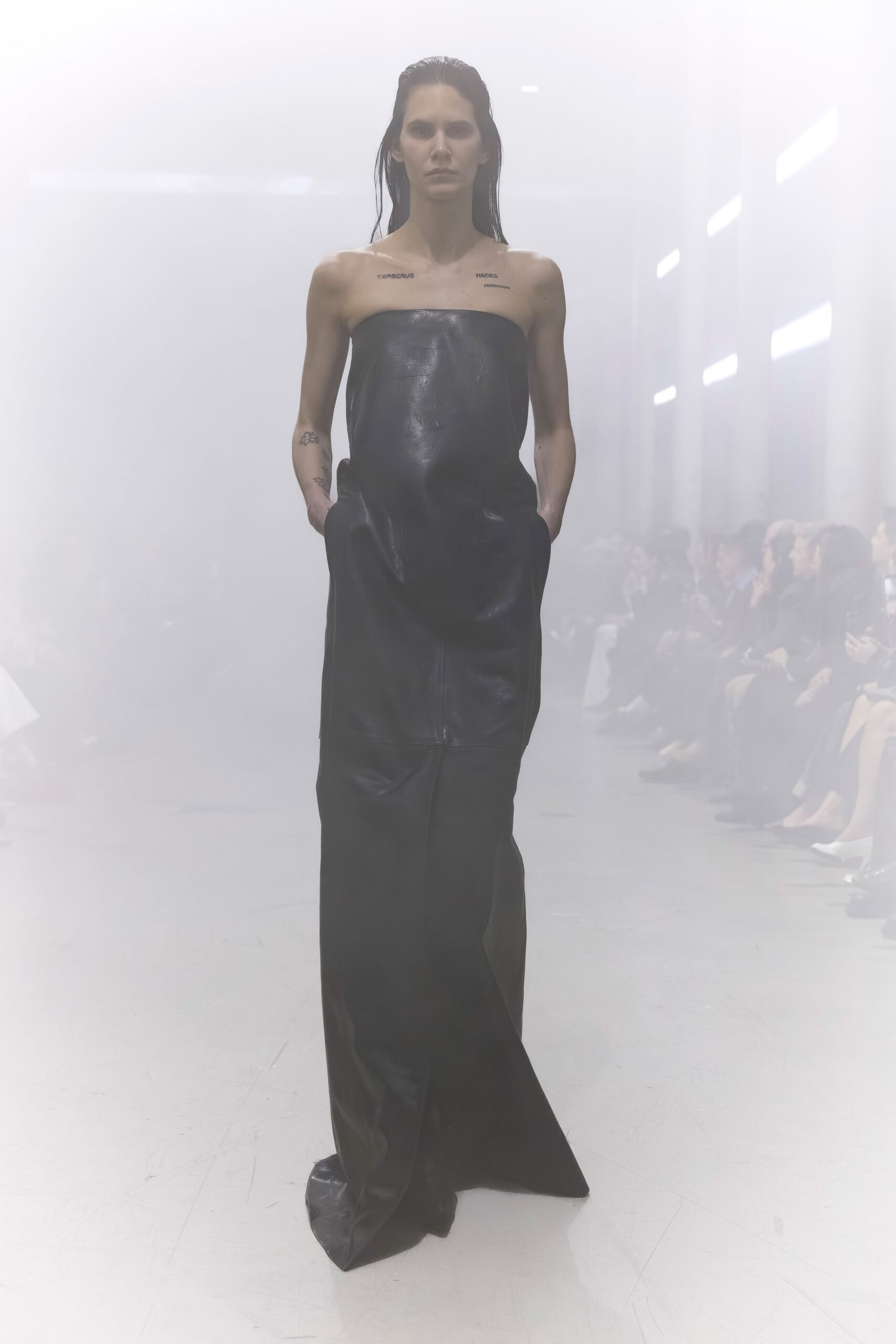black leather strapless gown