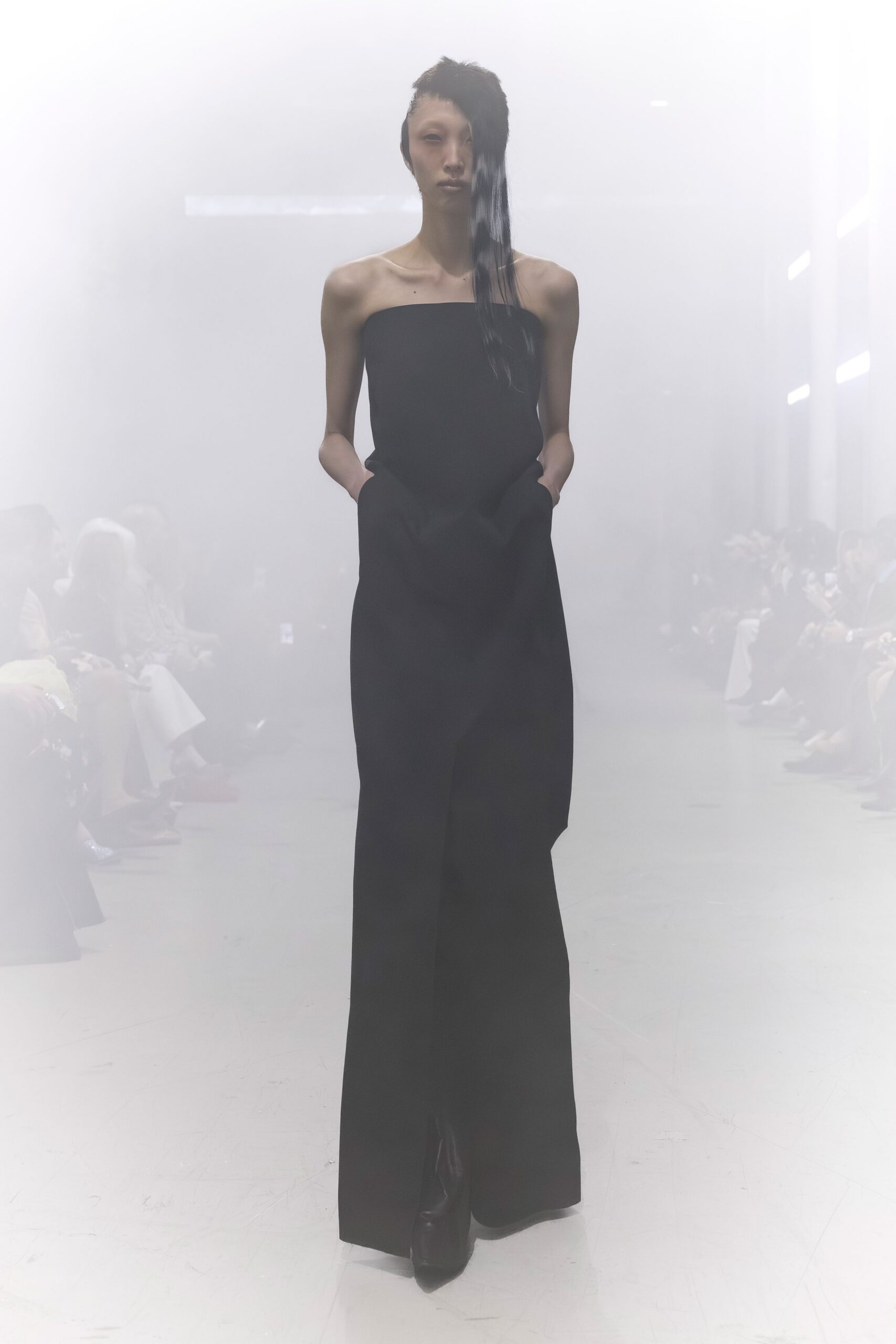 black strapless silk gown with shoes