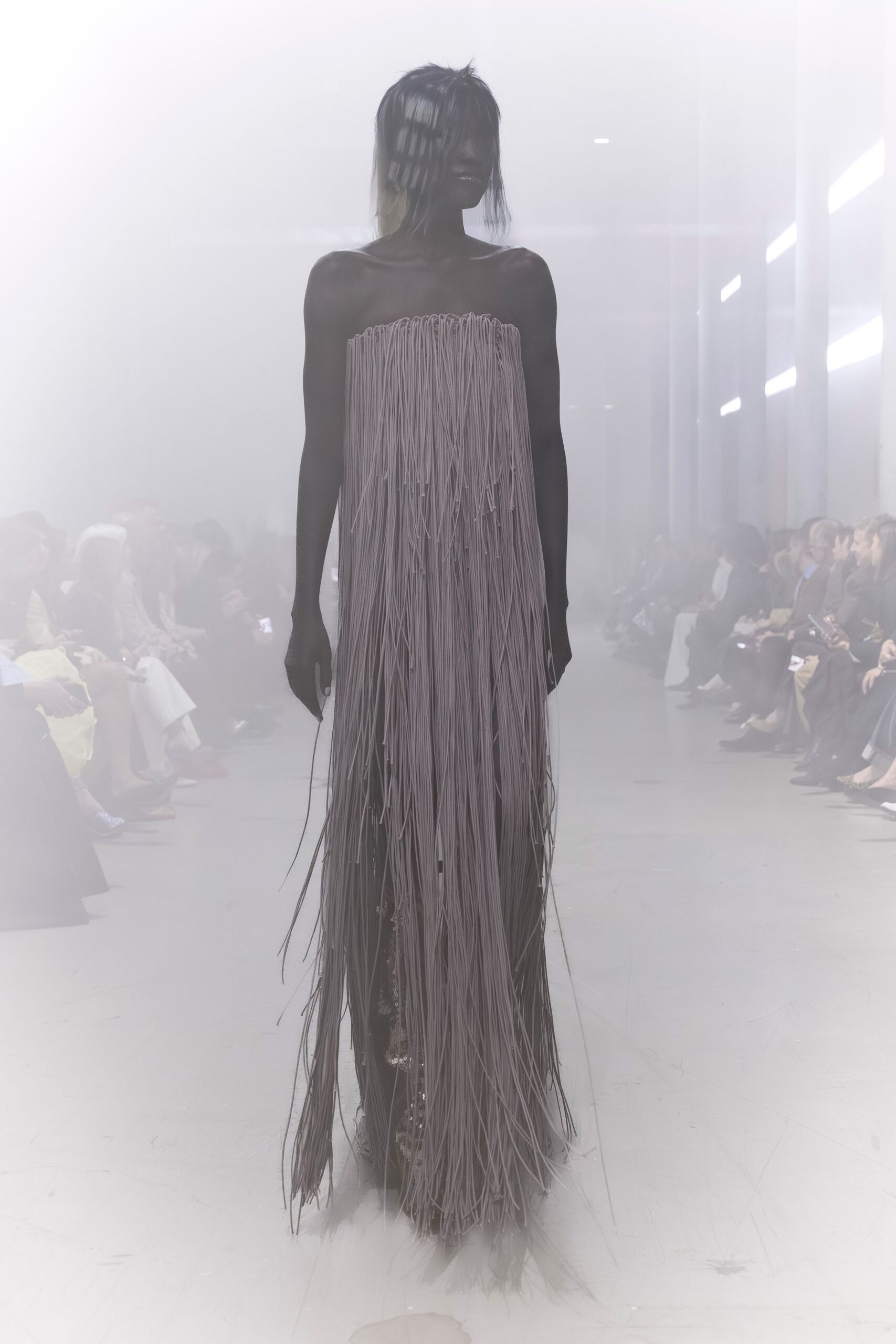 black gray fringed gown