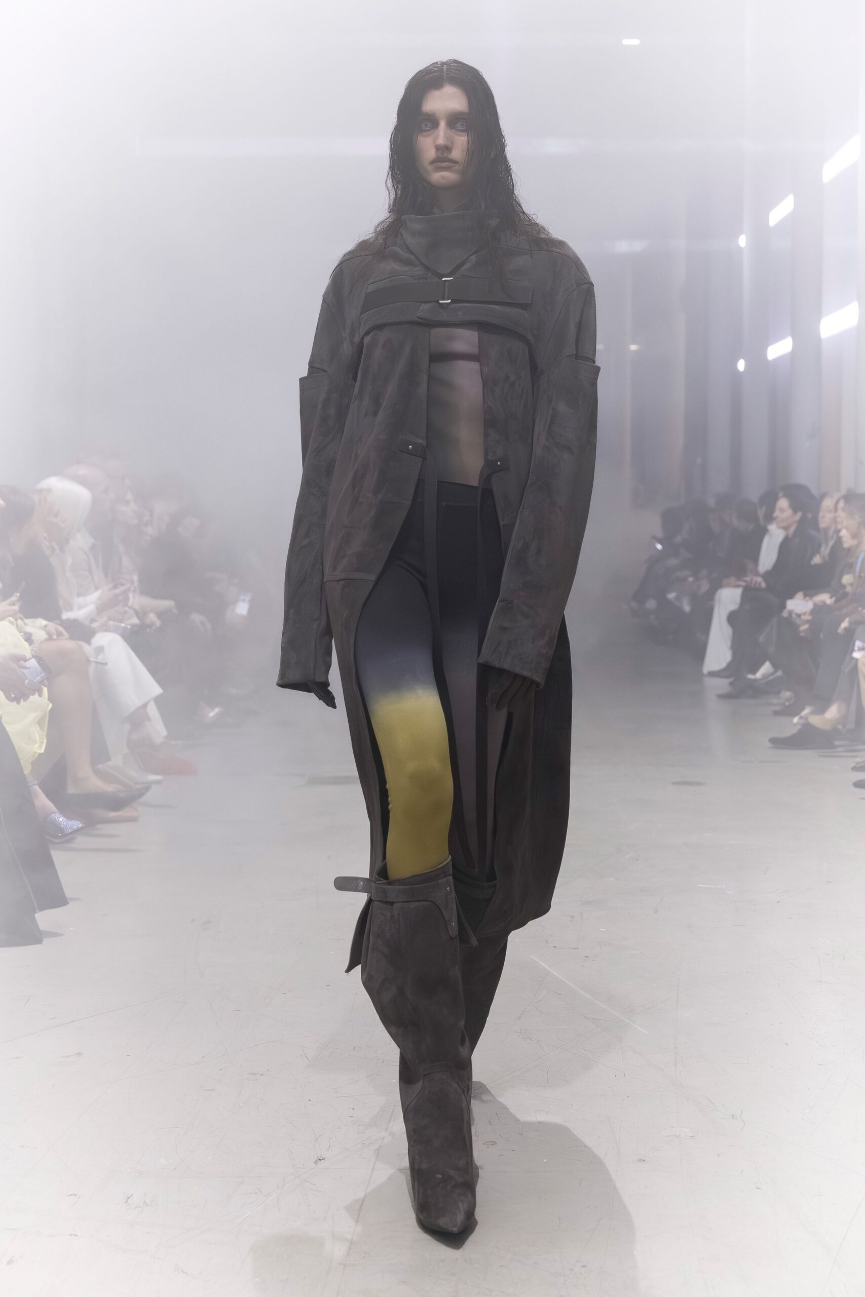 black leather oversized coat with fitted pants