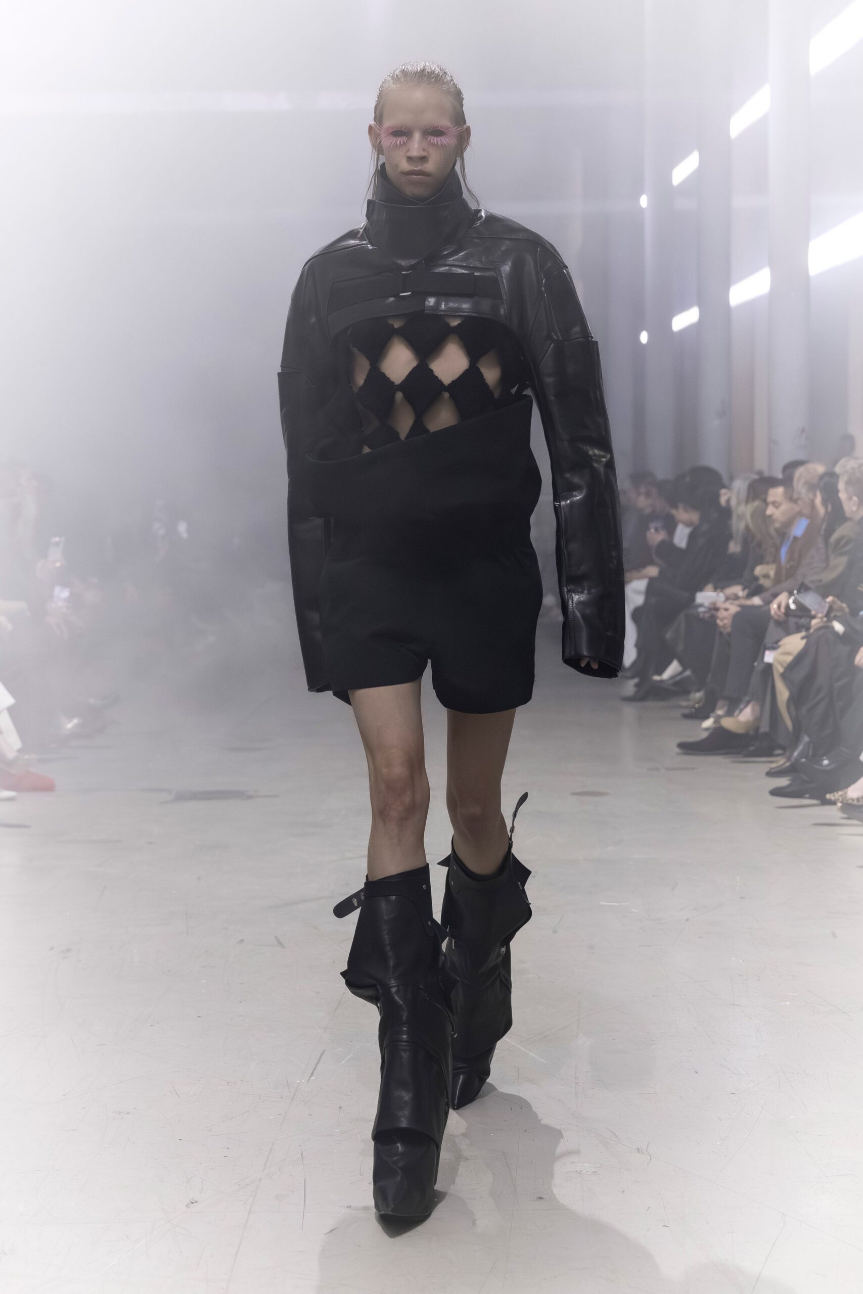 black leather fitted dress and boots