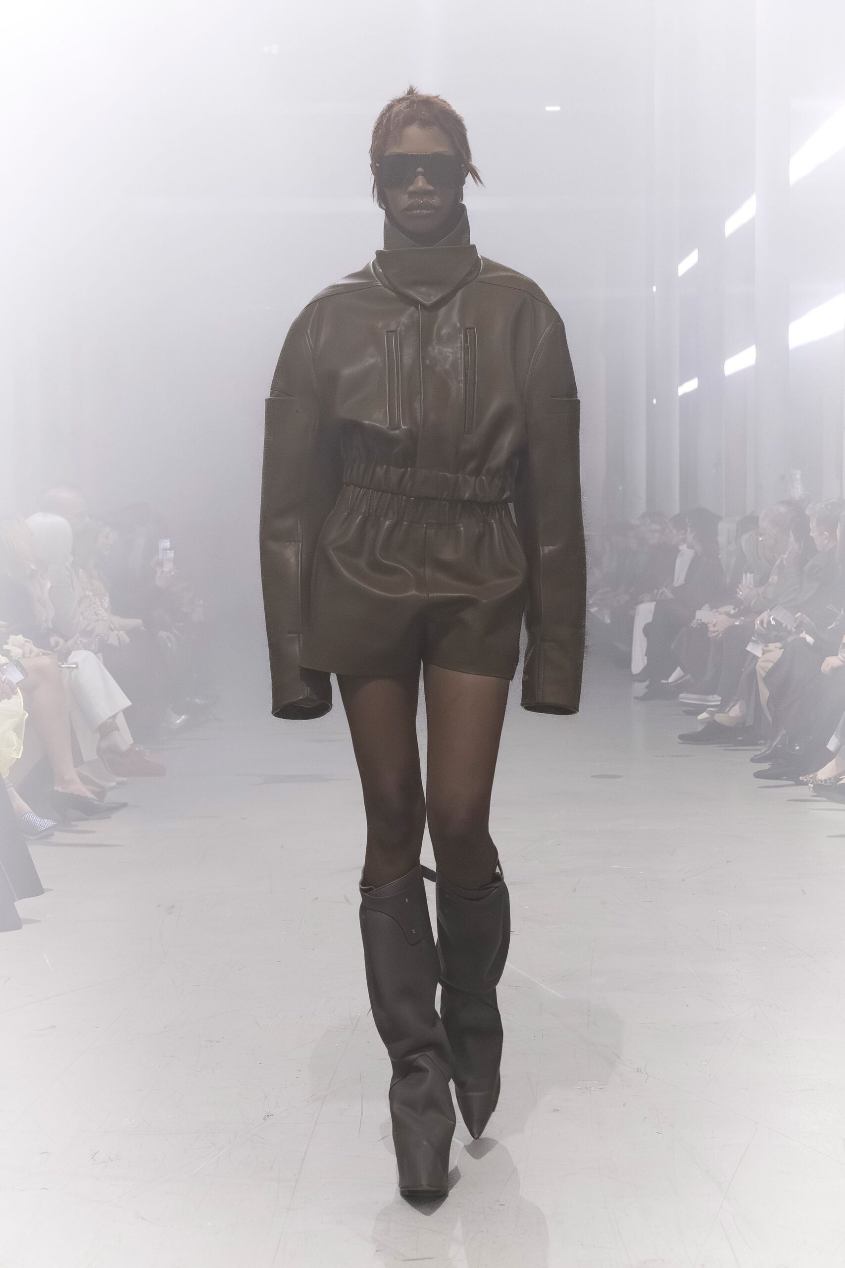 brown leather oversized hoodie and shorts