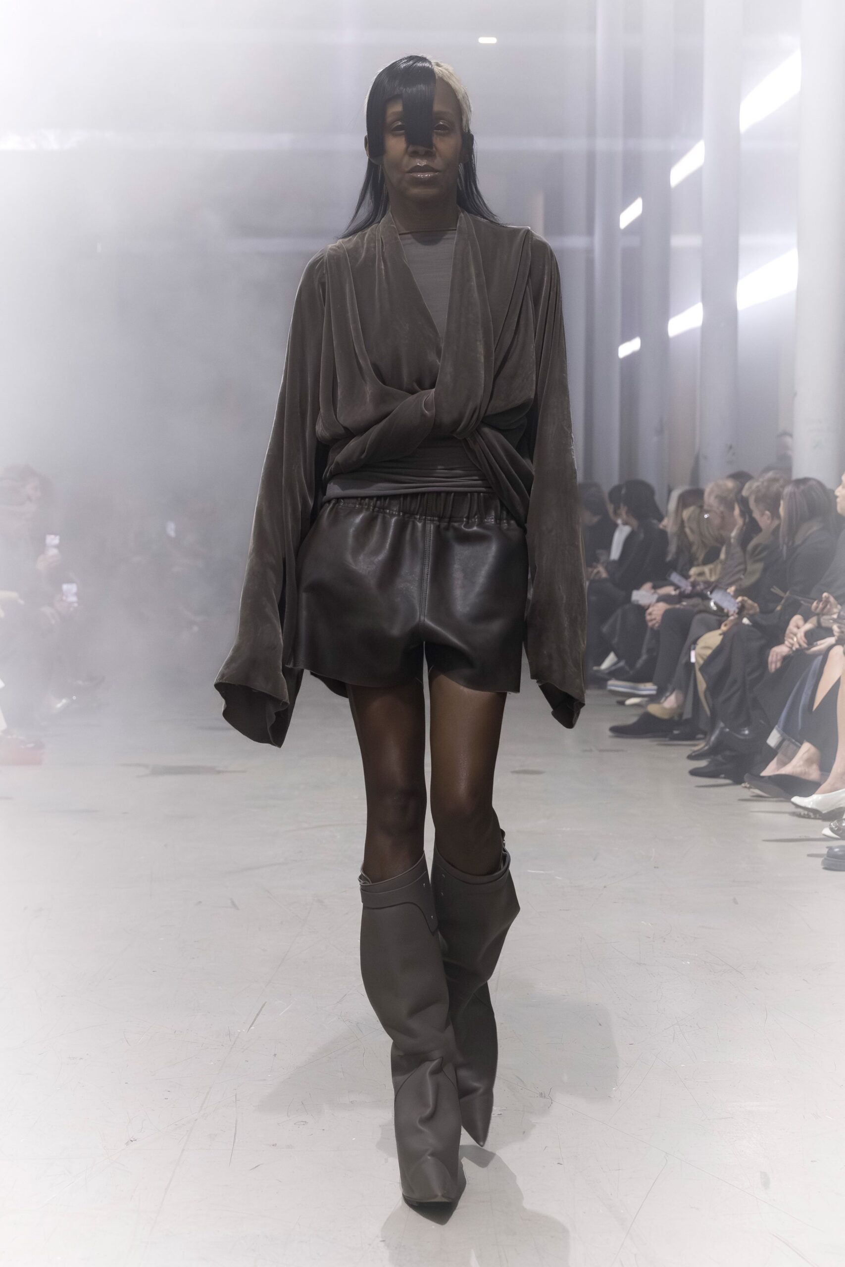 gray silk top black leather skirt