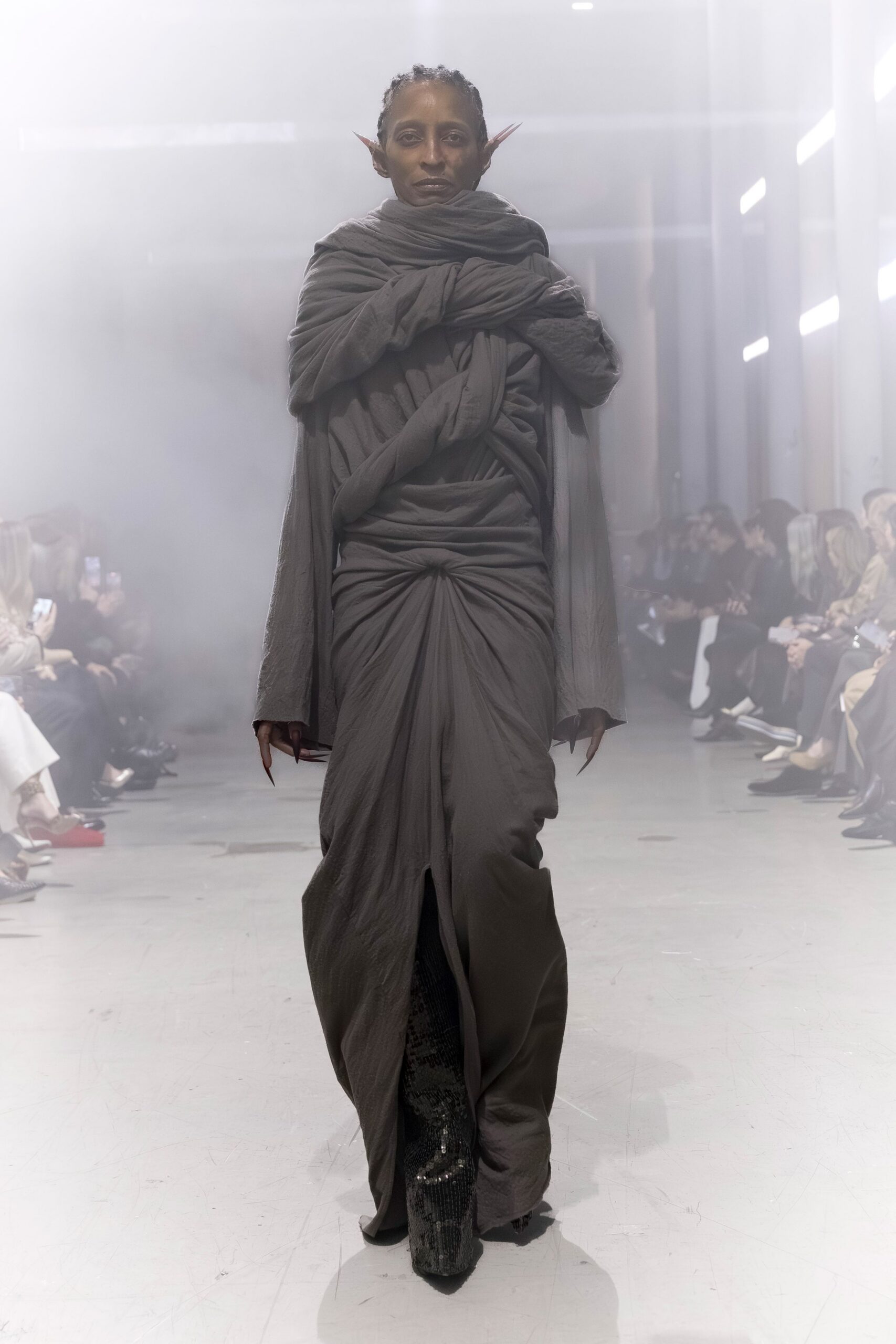 gray draped maxi dress with boots