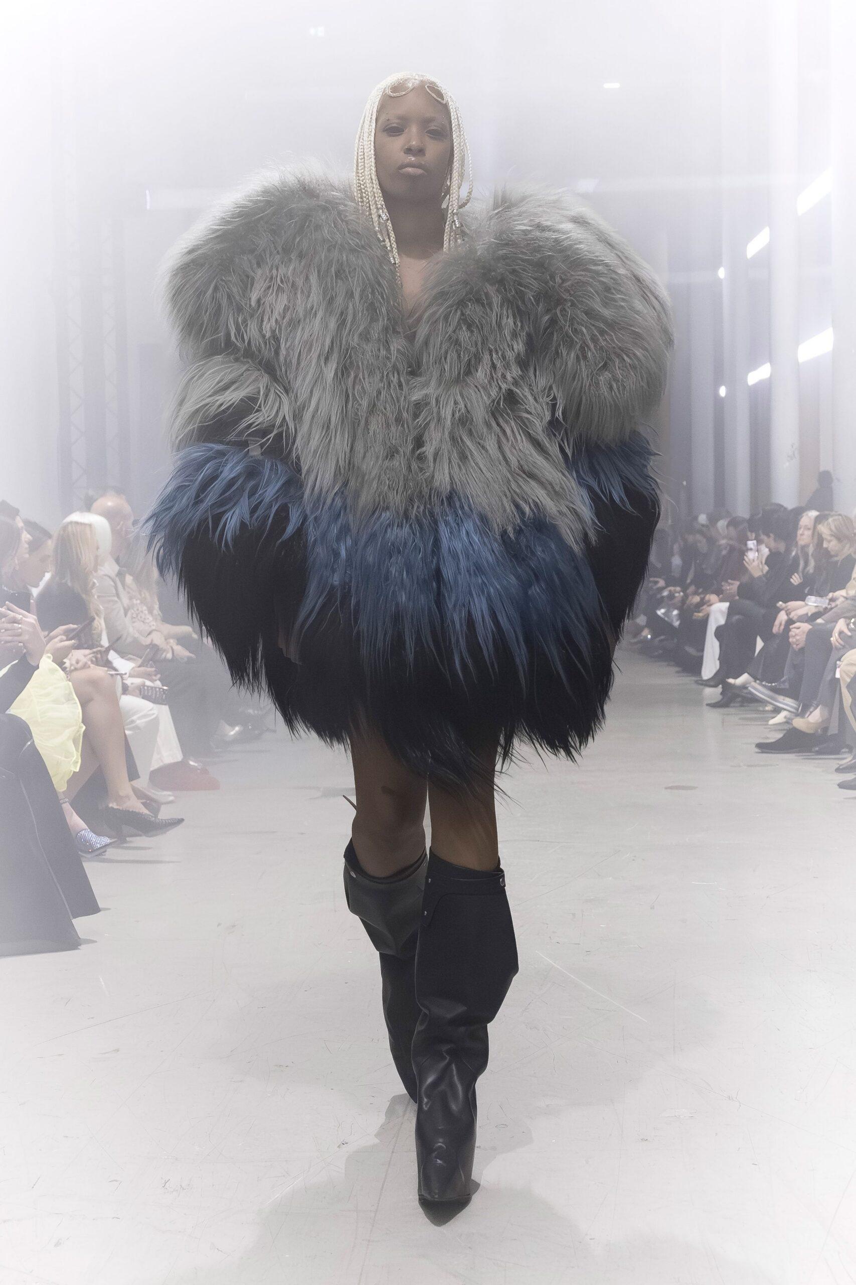 gray and blue fur oversized coat