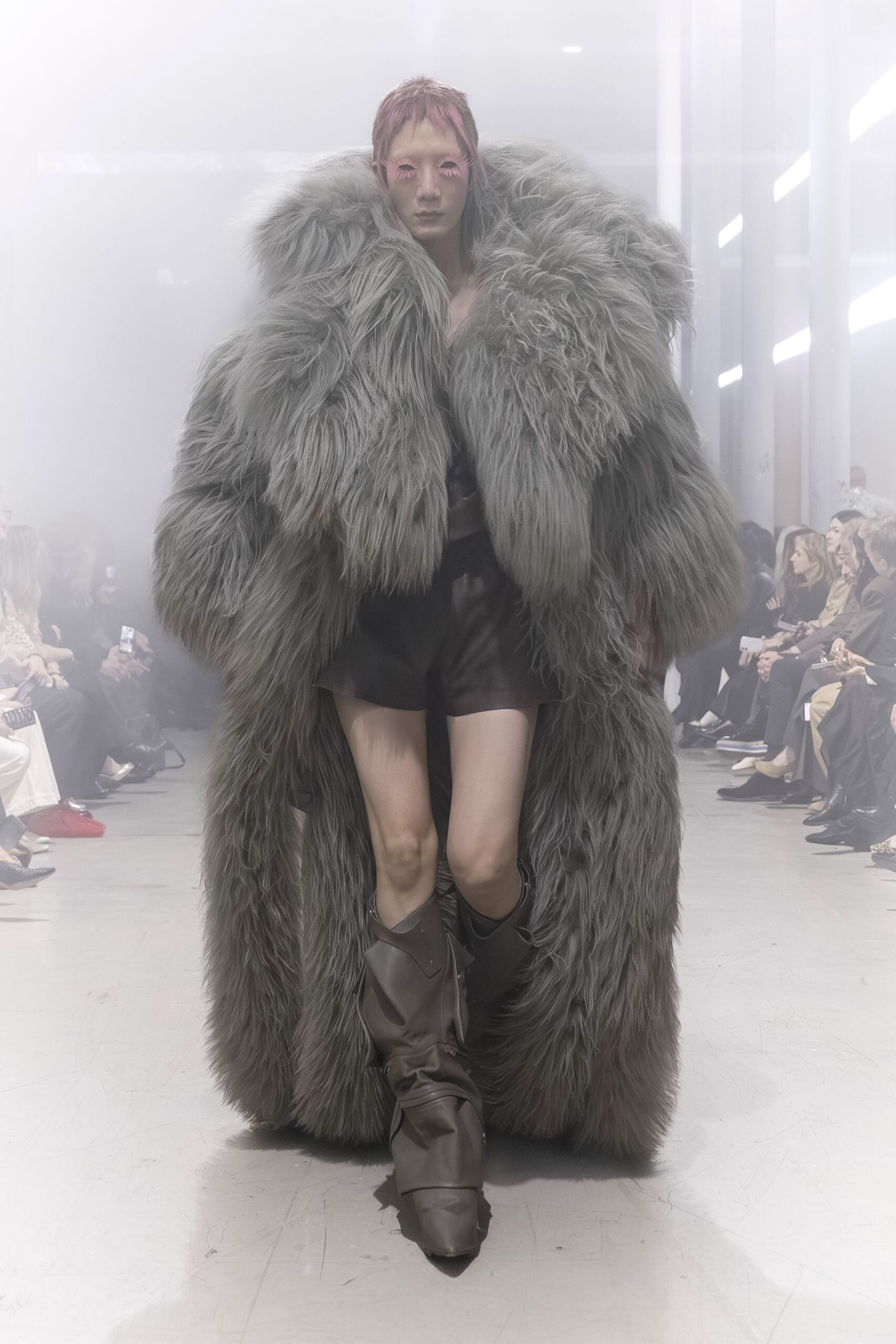 gray faux-fur oversized coat