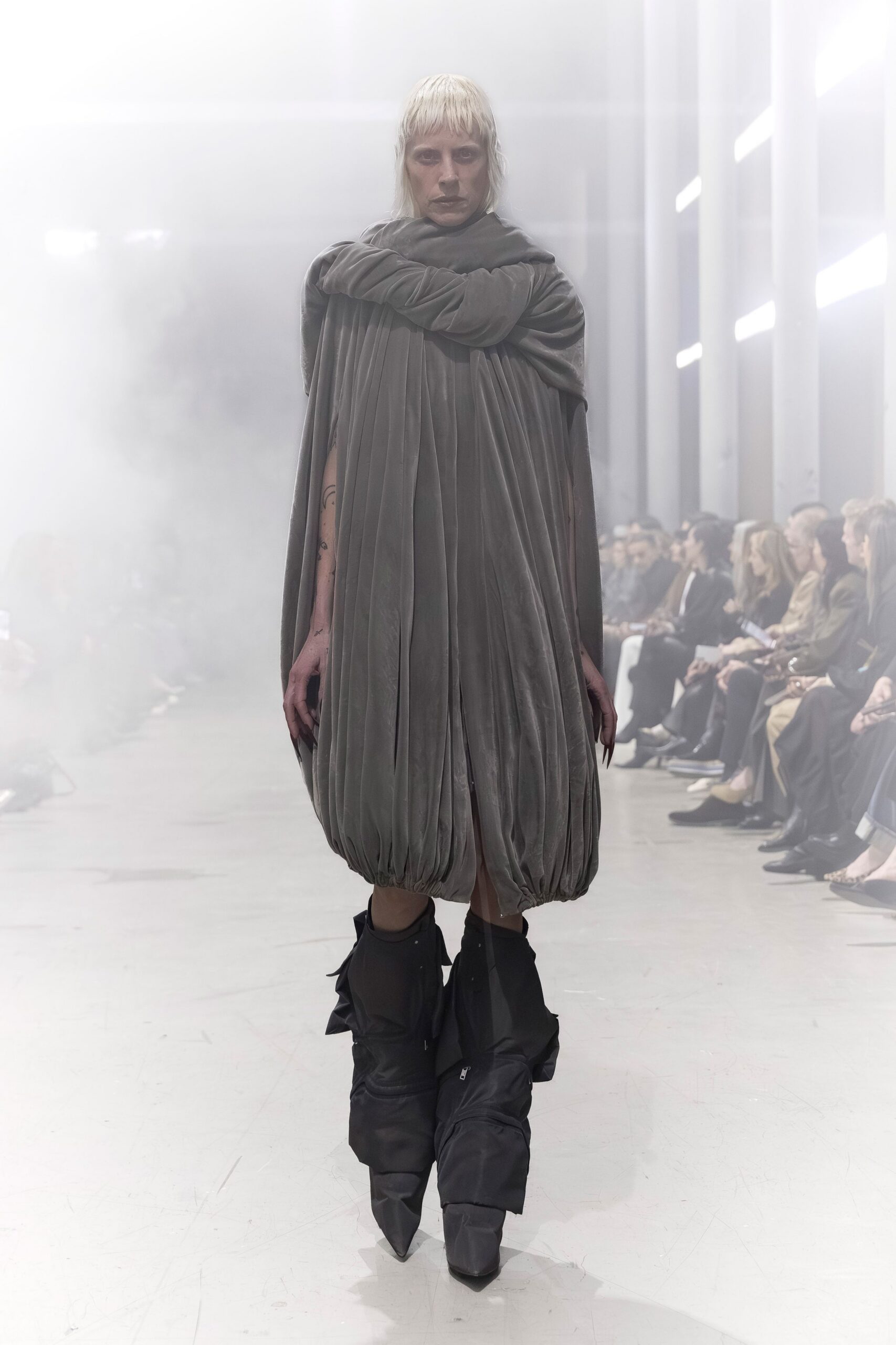 gray velvet oversized cape with black boots