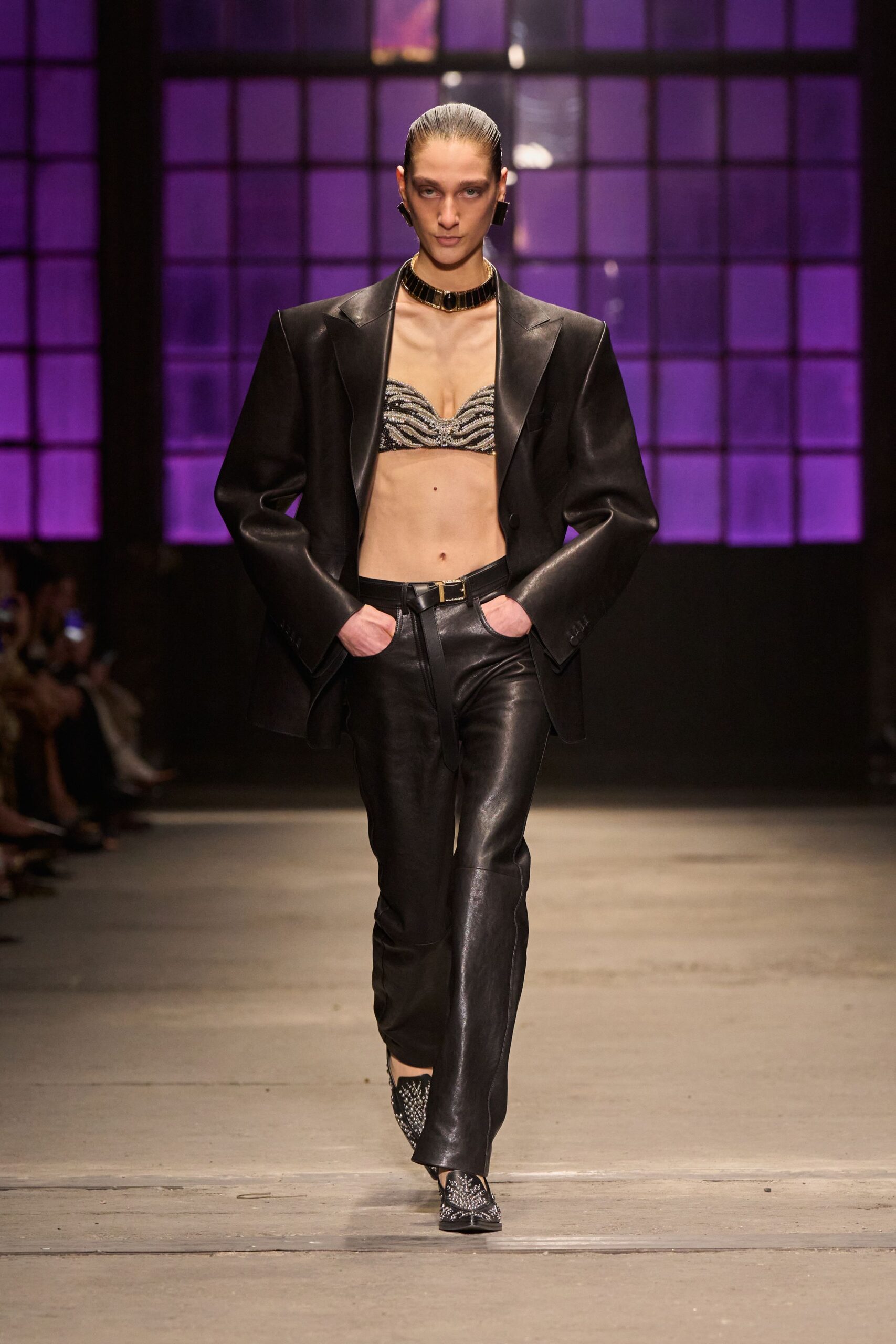 black leather long-sleeve collared structured blazer
