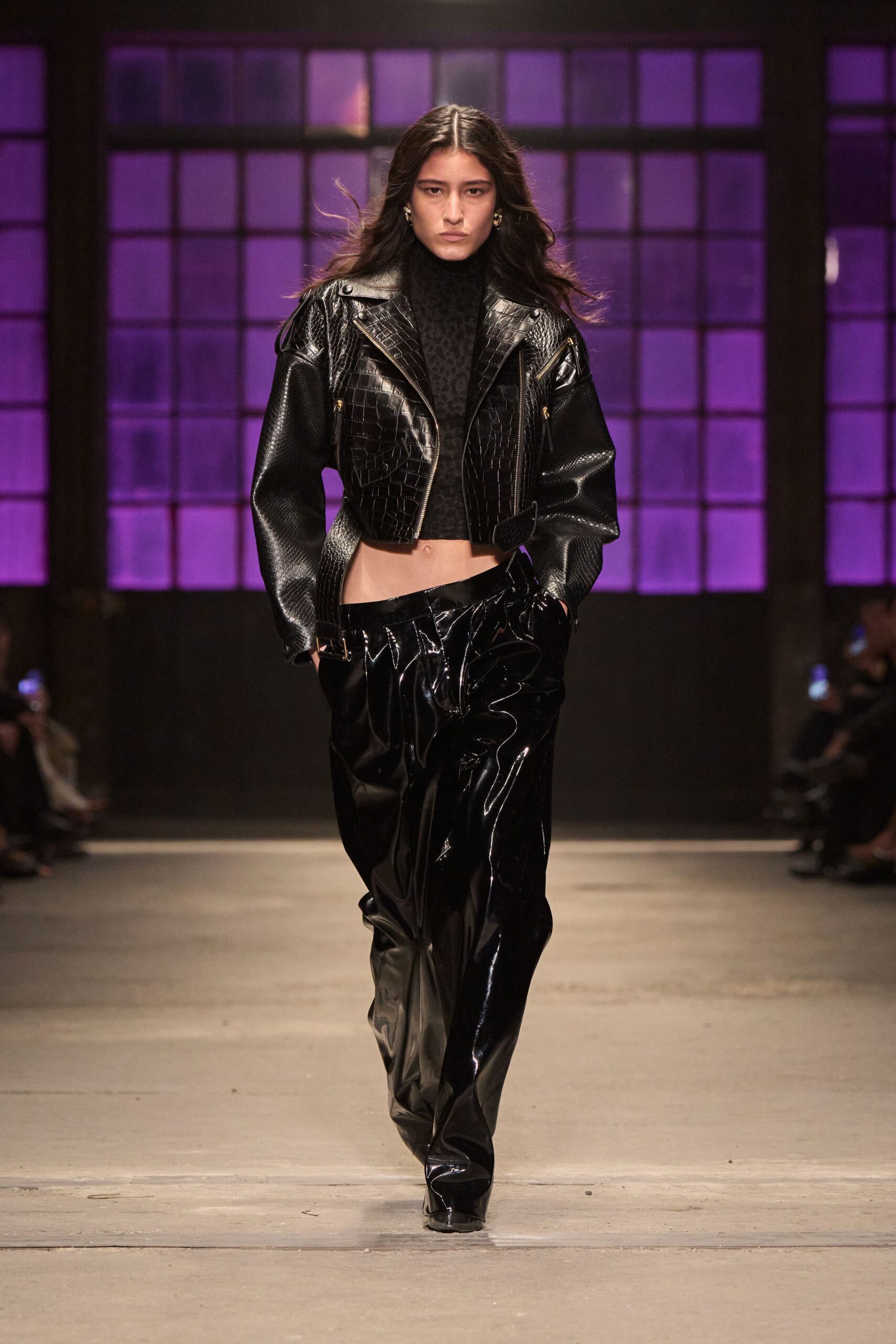 black vinyl relaxed straight-leg shiny pants