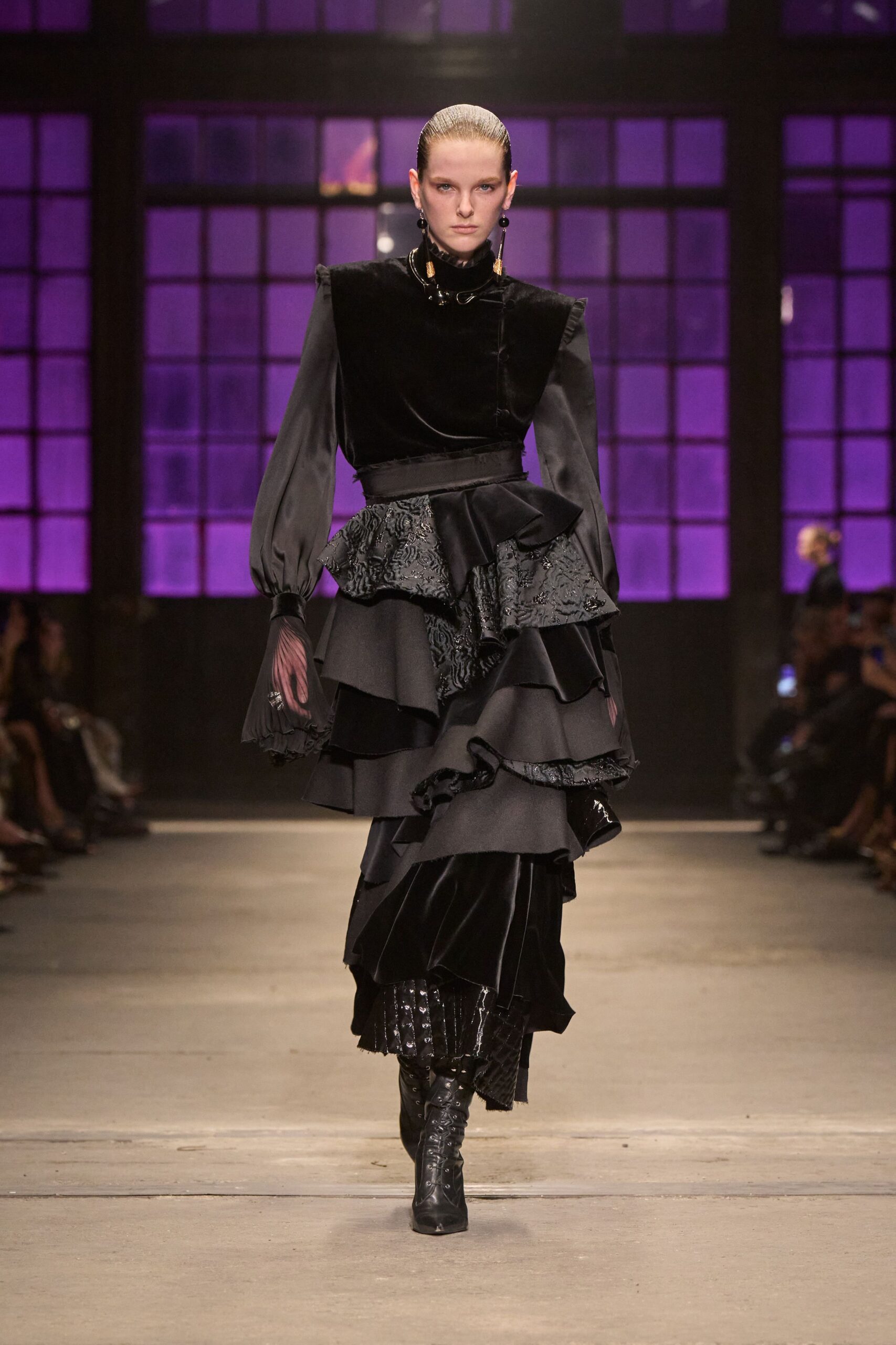 black velvet long-sleeve high-neck fitted ruffled layered dress