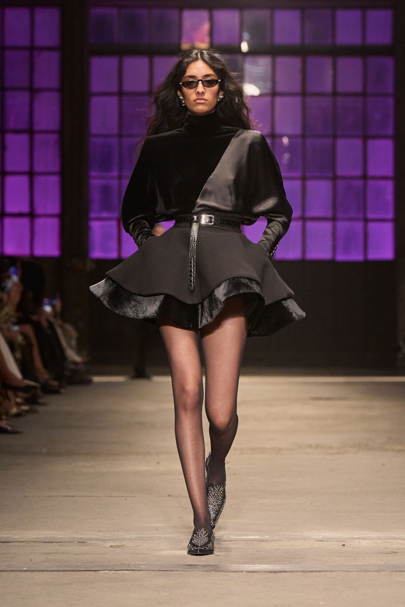 black velvet long-sleeve high-neck fitted flared belted dress