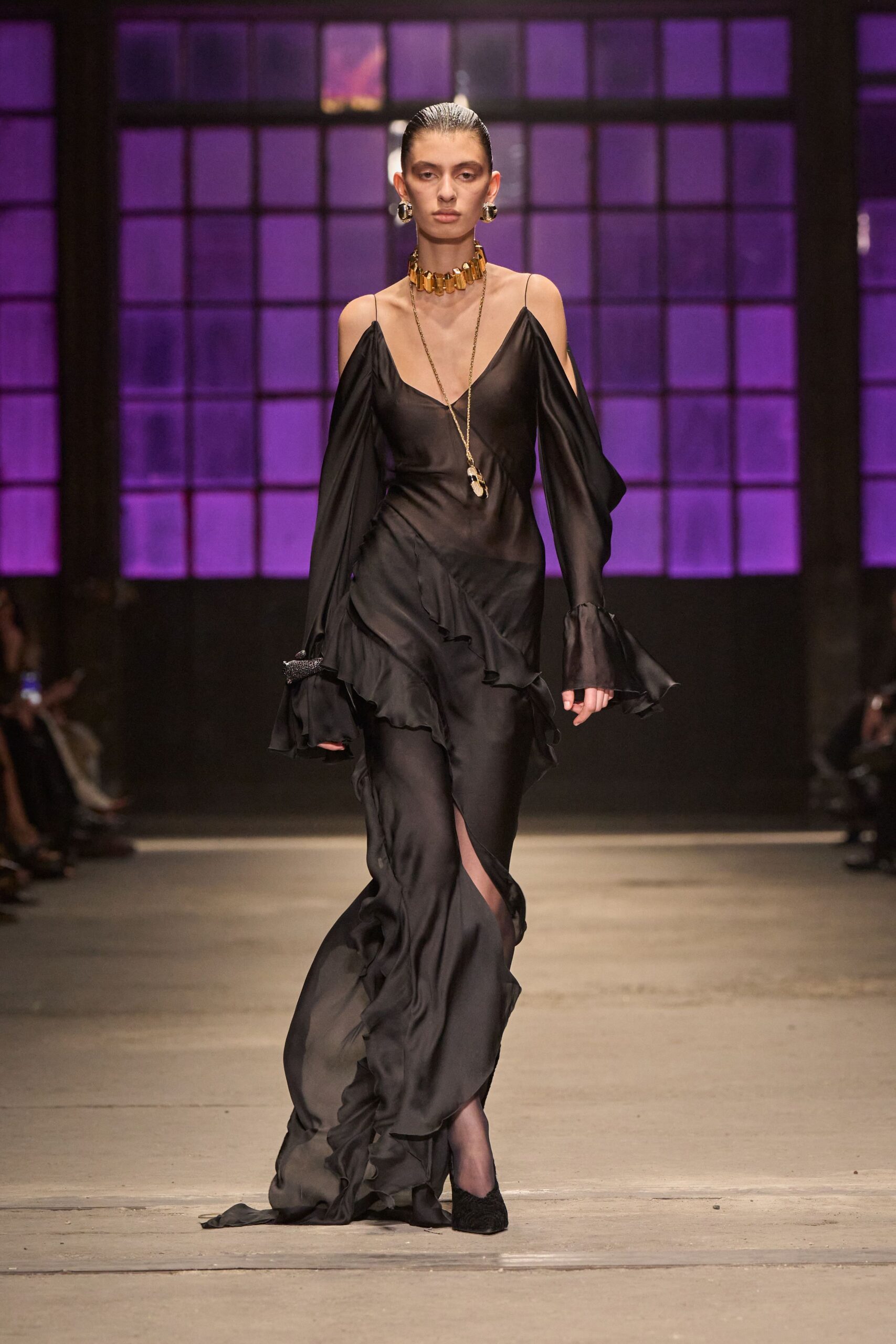 black silk long-sleeve off-shoulder fitted ruffled layered dress