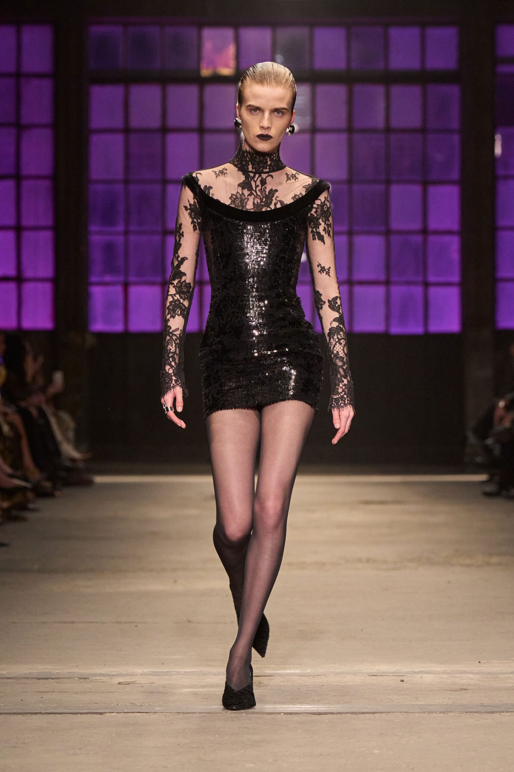 black sequin long-sleeve off-shoulder fitted embellished ruffled dress