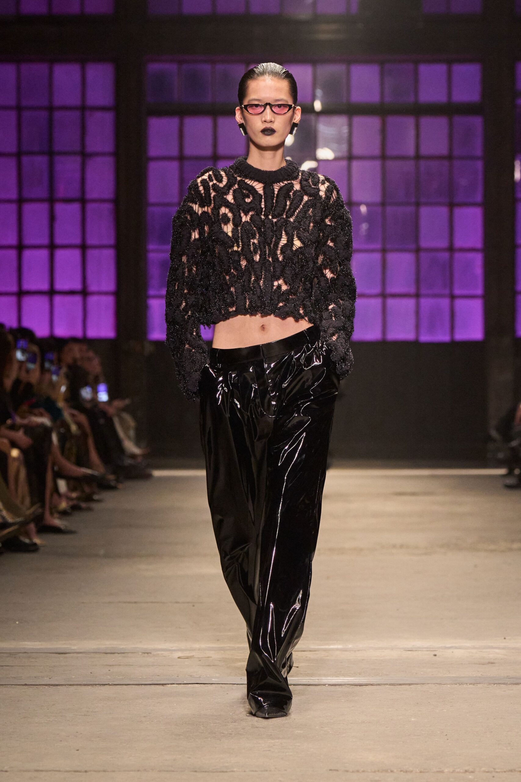 black vinyl relaxed straight-leg shiny pants