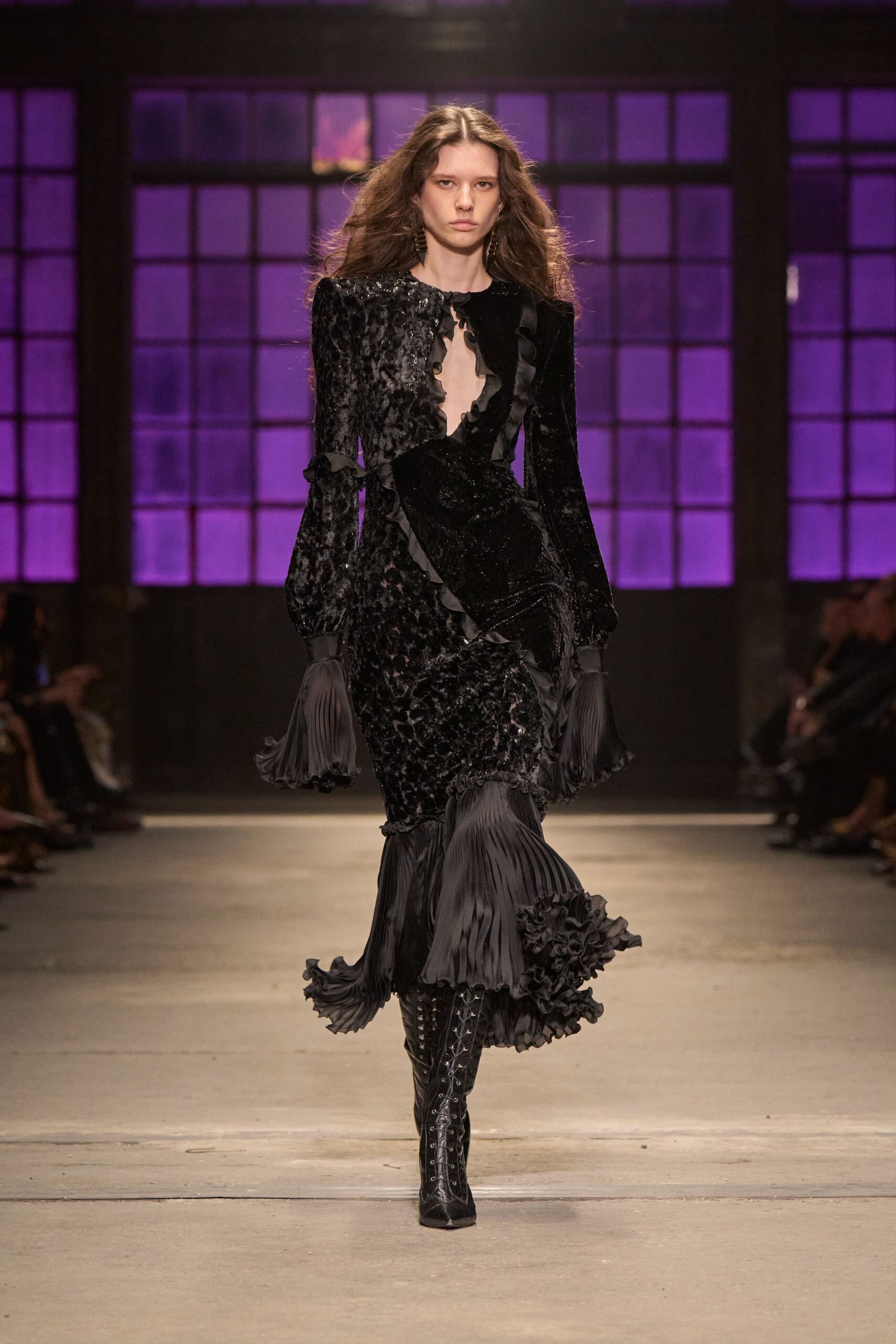 black velvet long-sleeve v-neck fitted pleated ruffled dress