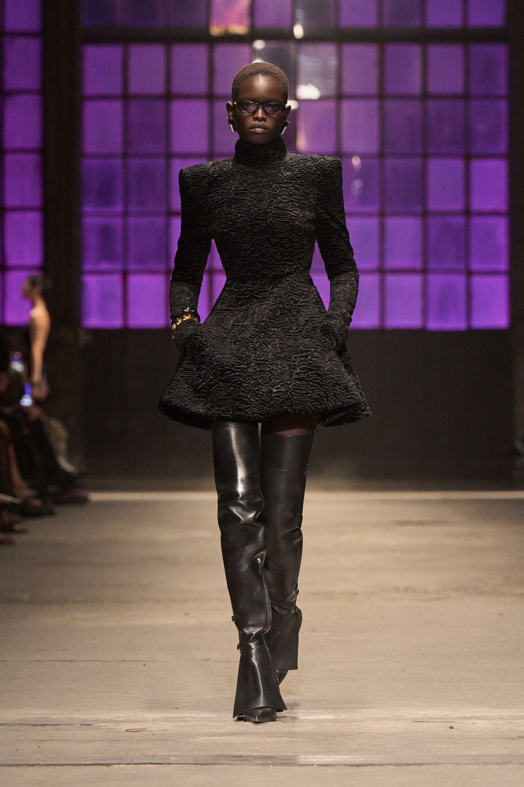black long-sleeve high-neck fitted structured pleated mini dress