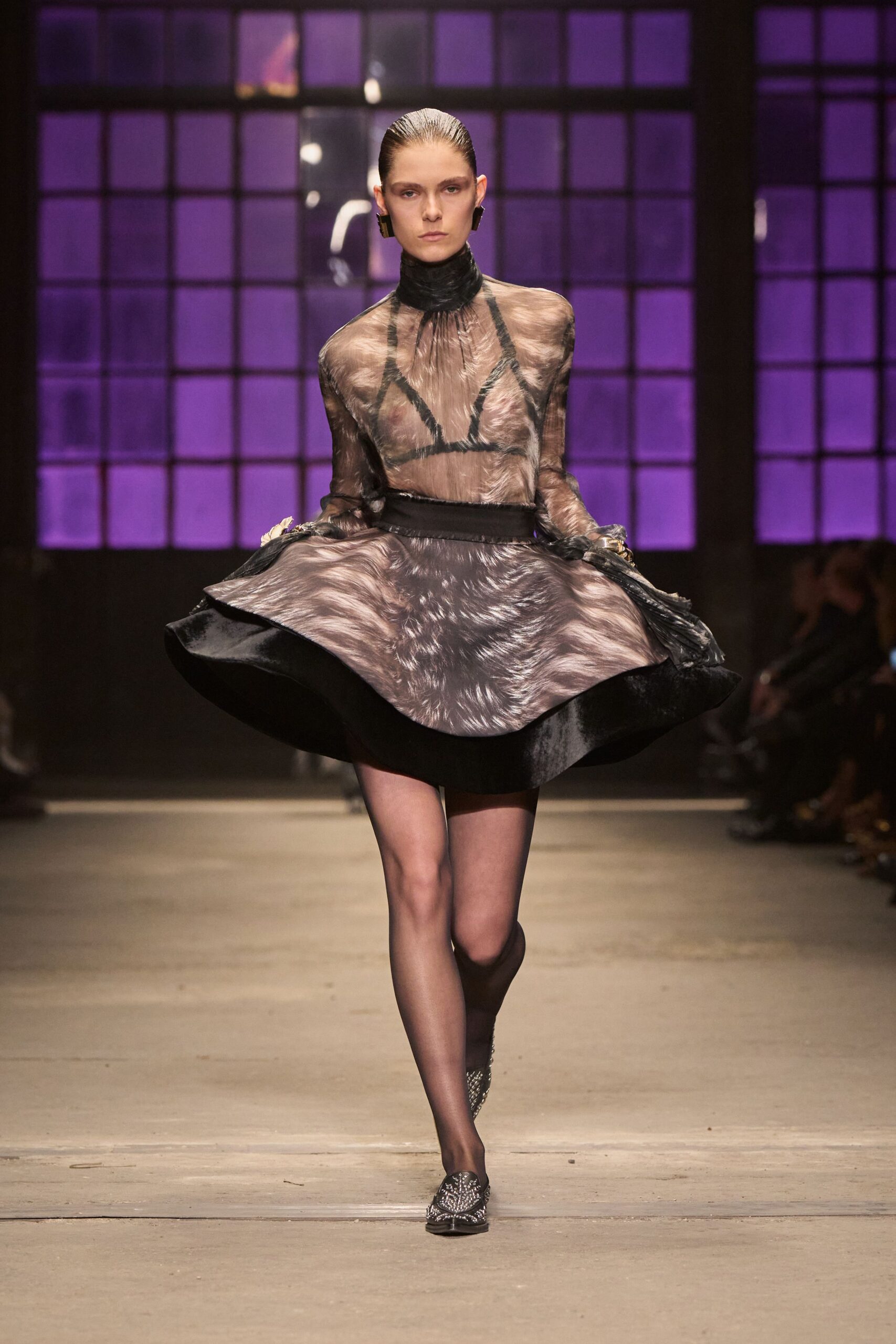 black silk long-sleeve high-neck fitted pleated layered dress