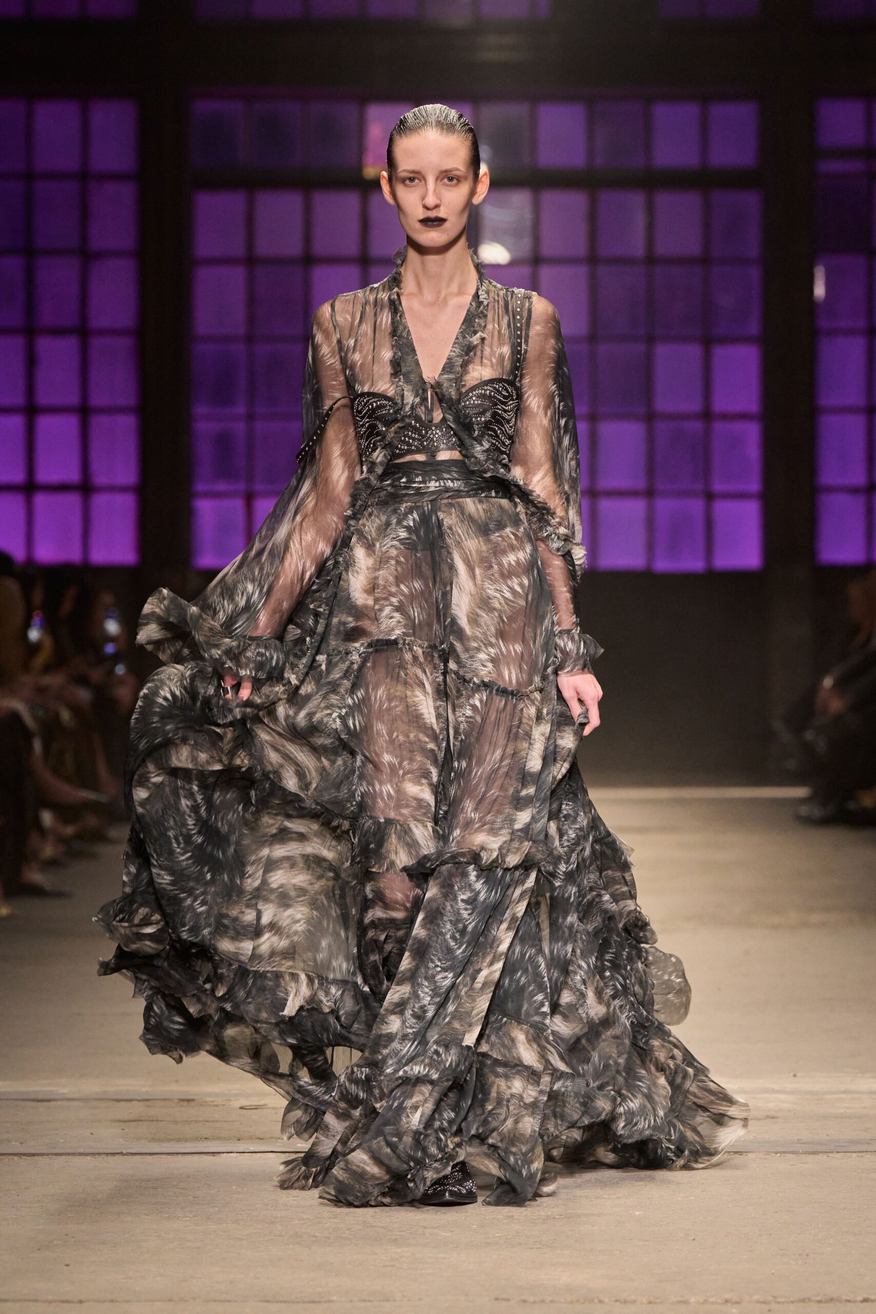 black gray silk ruffled gown