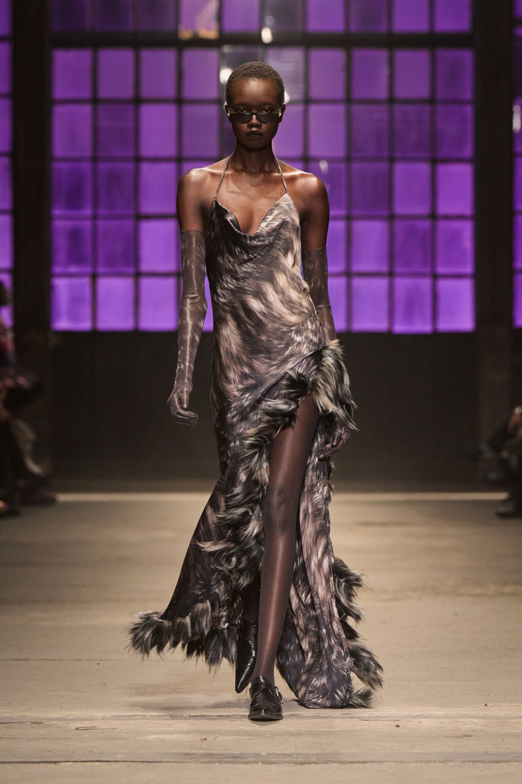 black silk sleeveless v-neck fitted ruffled layered gown