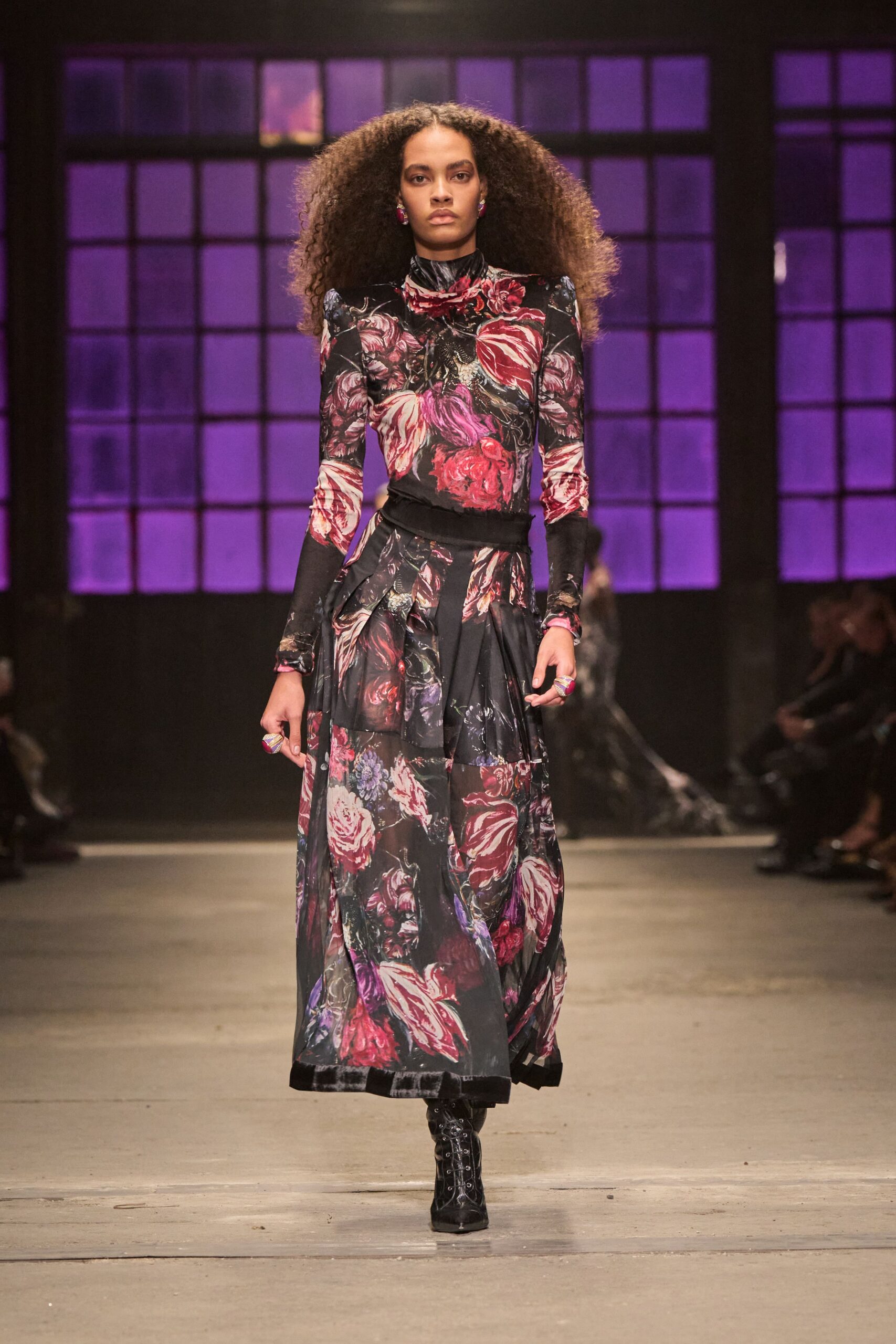 black silk long-sleeve high-neck fitted floral tiered dress