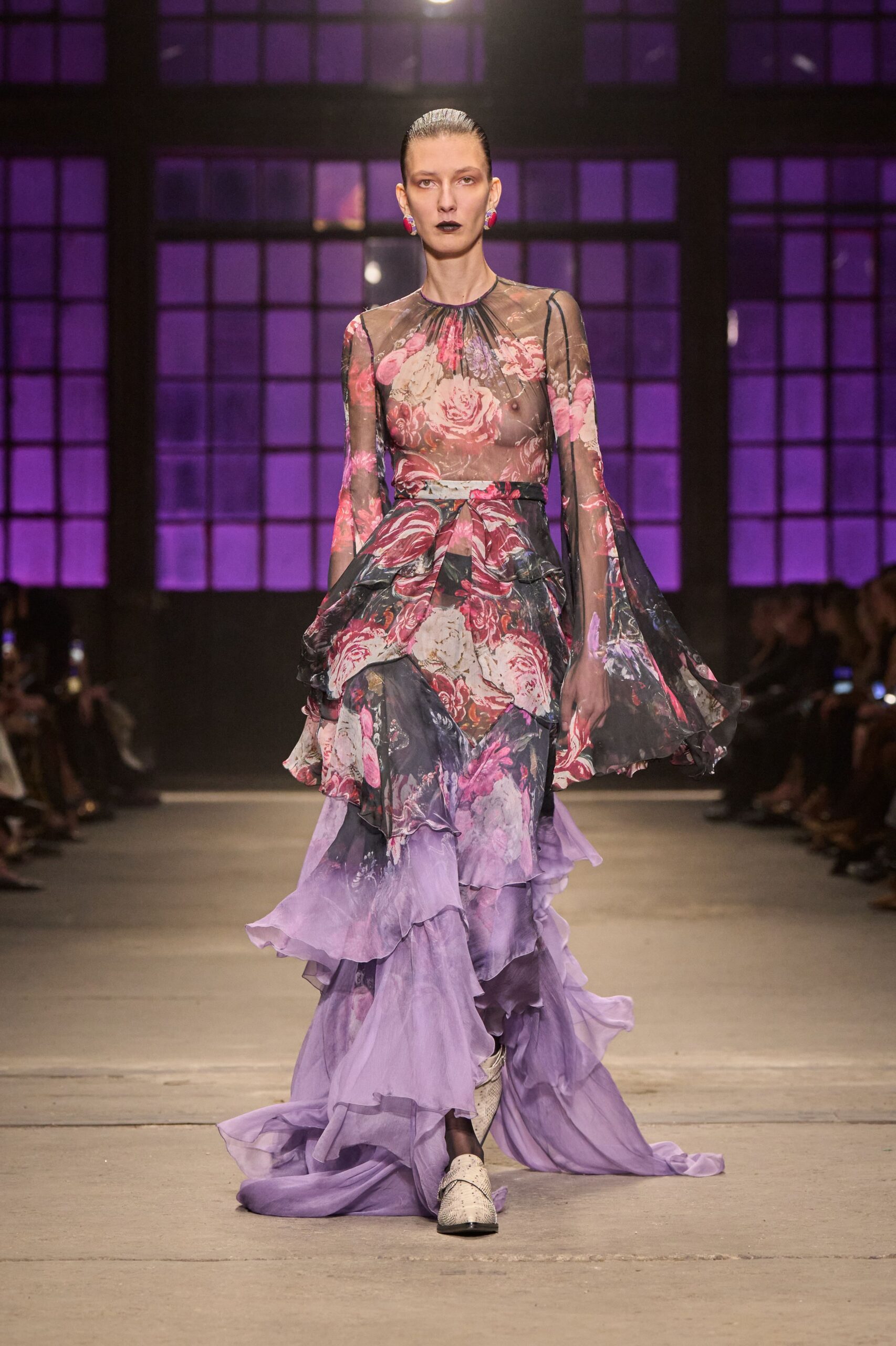 purple silk long-sleeve v-neck fitted floral flared gown