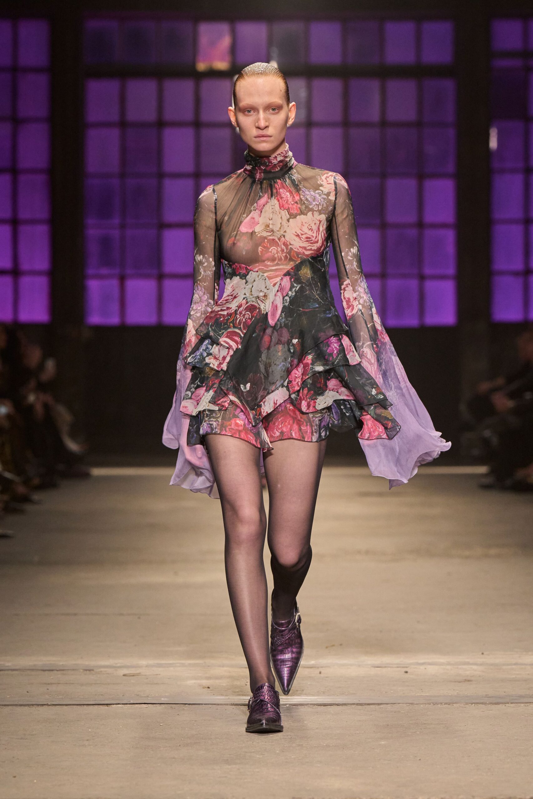 multi chiffon long-sleeve high-neck fitted floral flared dress