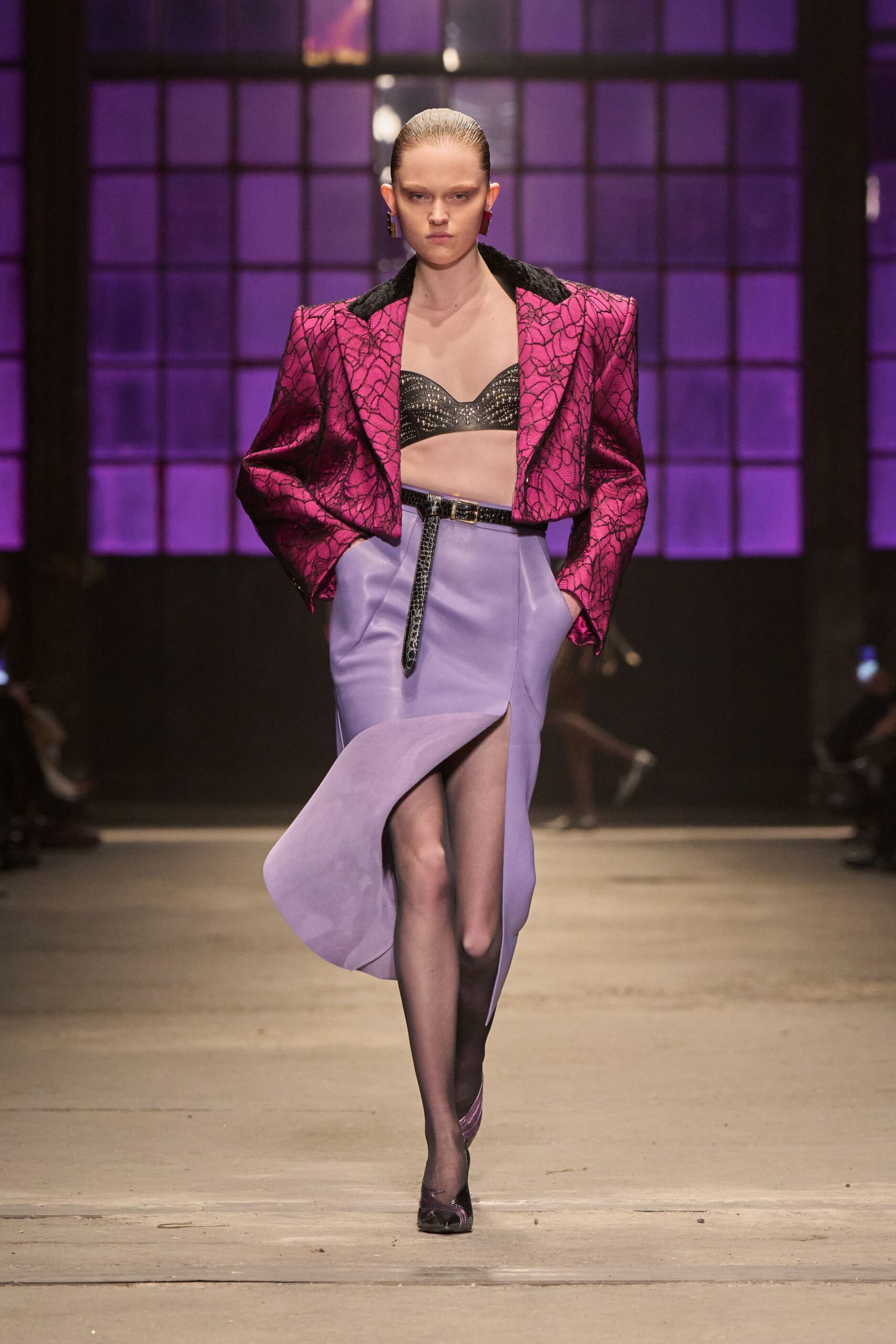 pink silk long-sleeve collared structured printed blazer