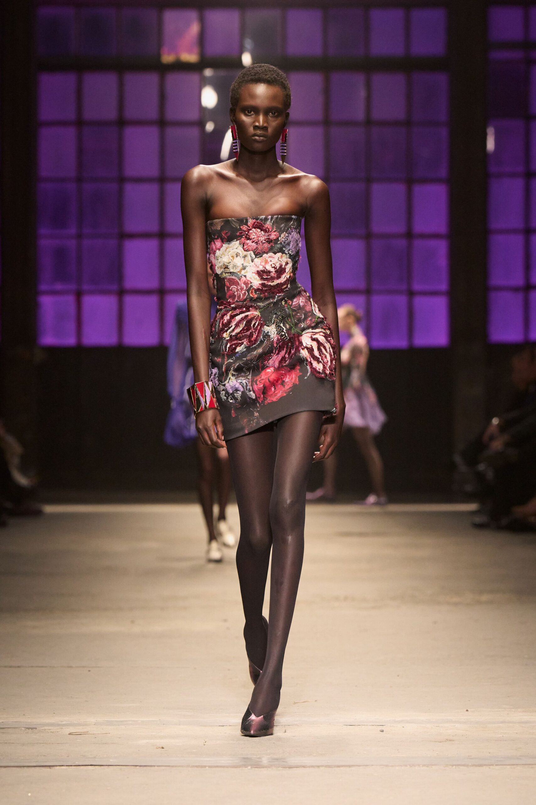 black silk strapless fitted floral mini mini-dress