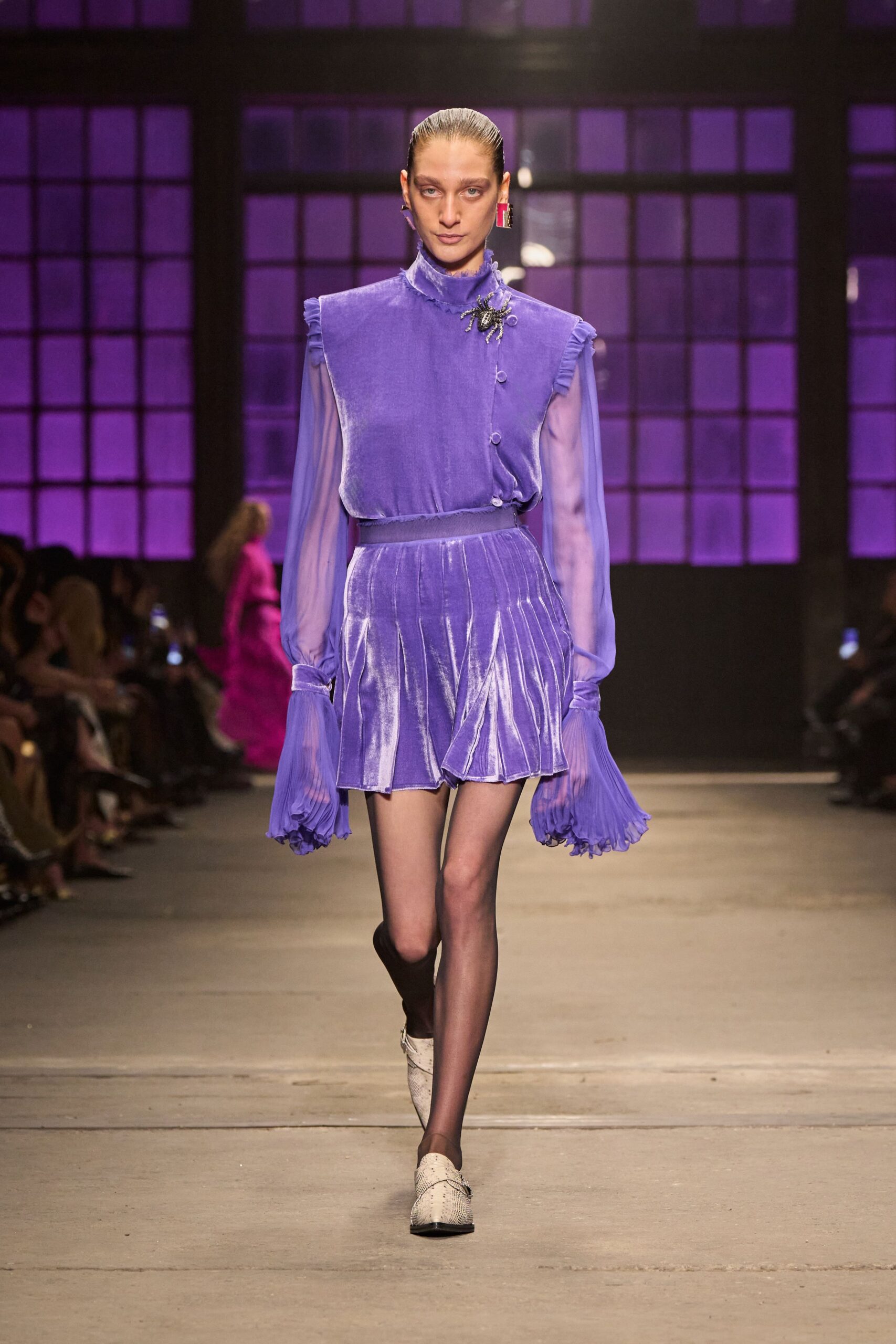 purple velvet long-sleeve collared fitted ruffled pleated dress
