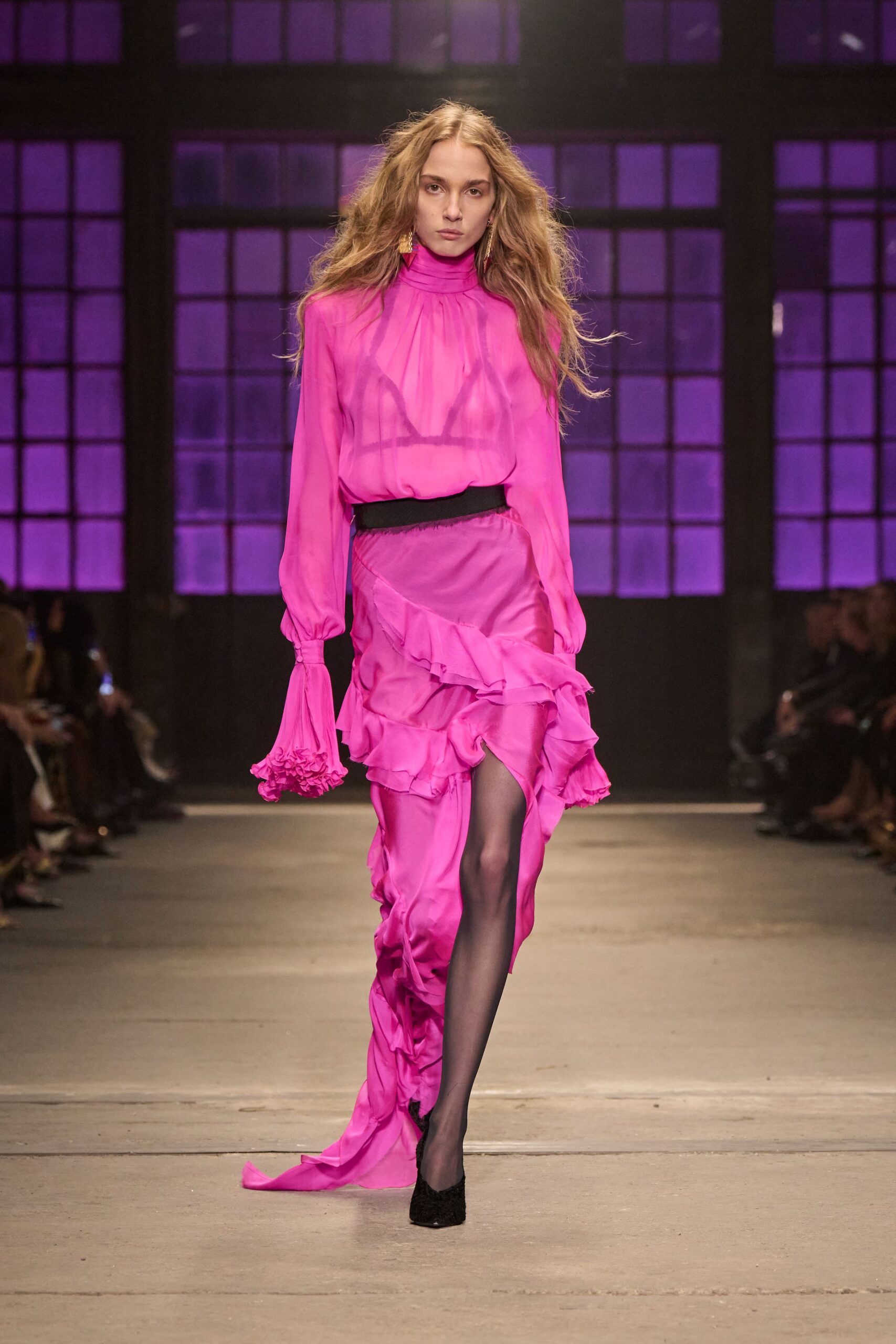 pink silk long-sleeve high-neck fitted ruffled layered dress