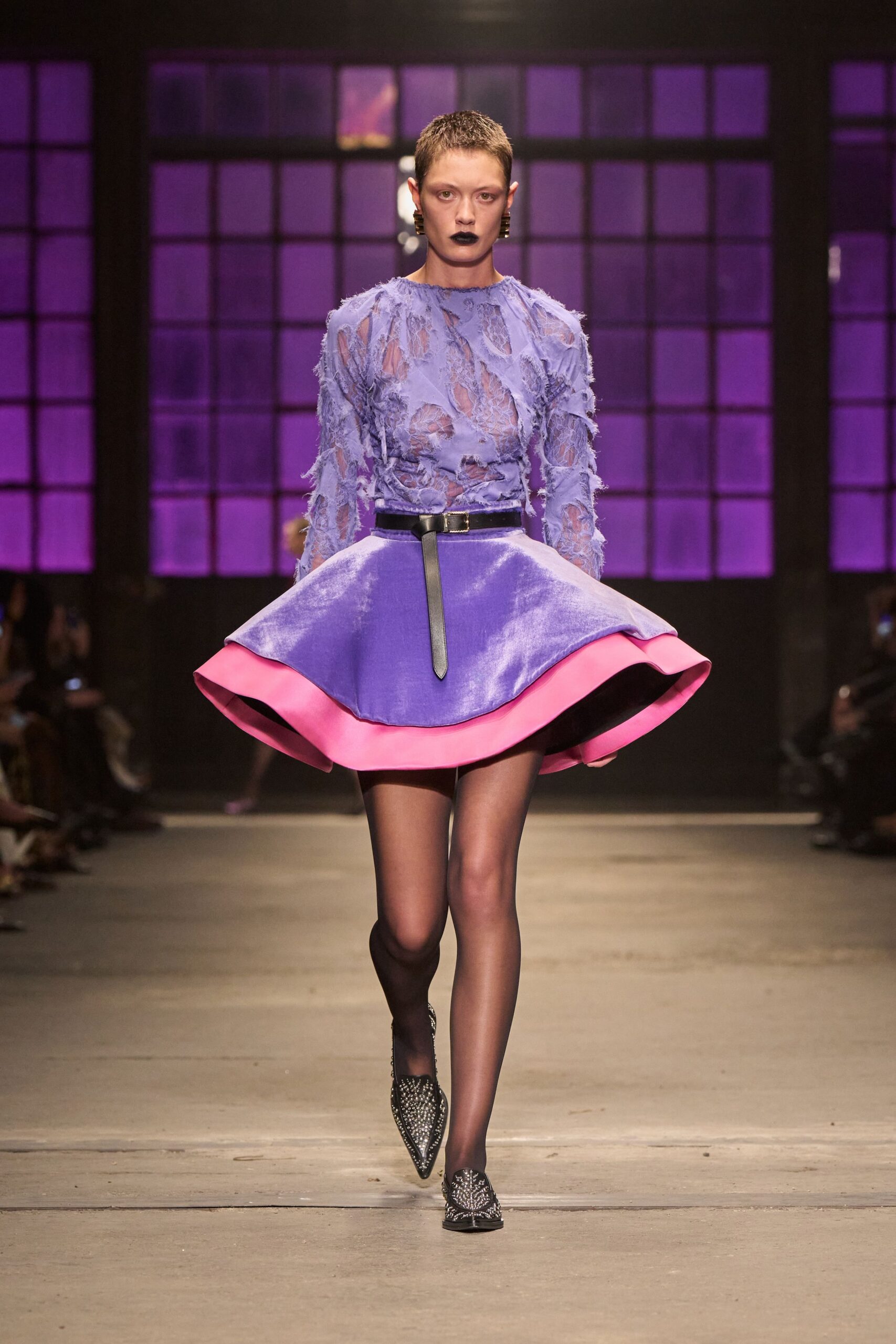 purple silk long-sleeve high-neck fitted ruffled top