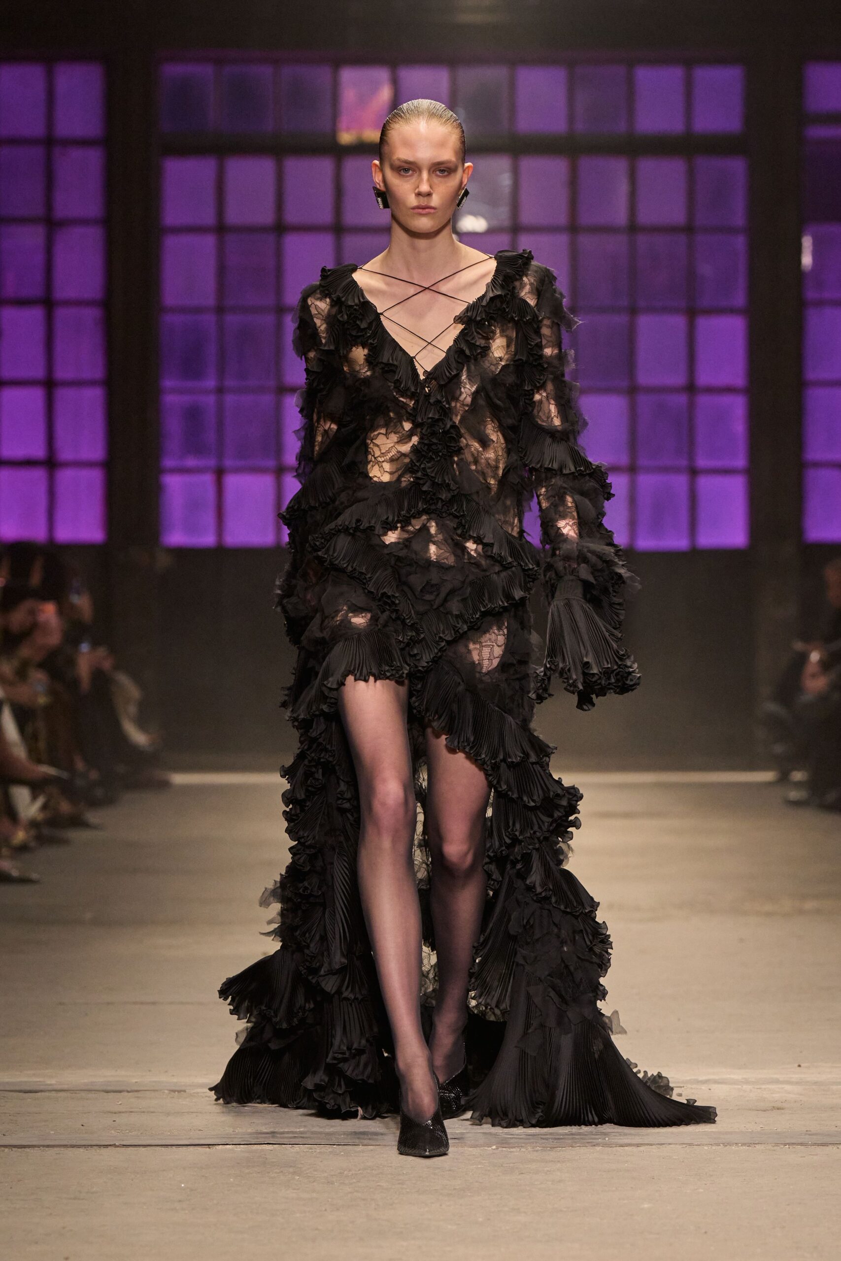 black silk long-sleeve v-neck fitted ruffled layered gown