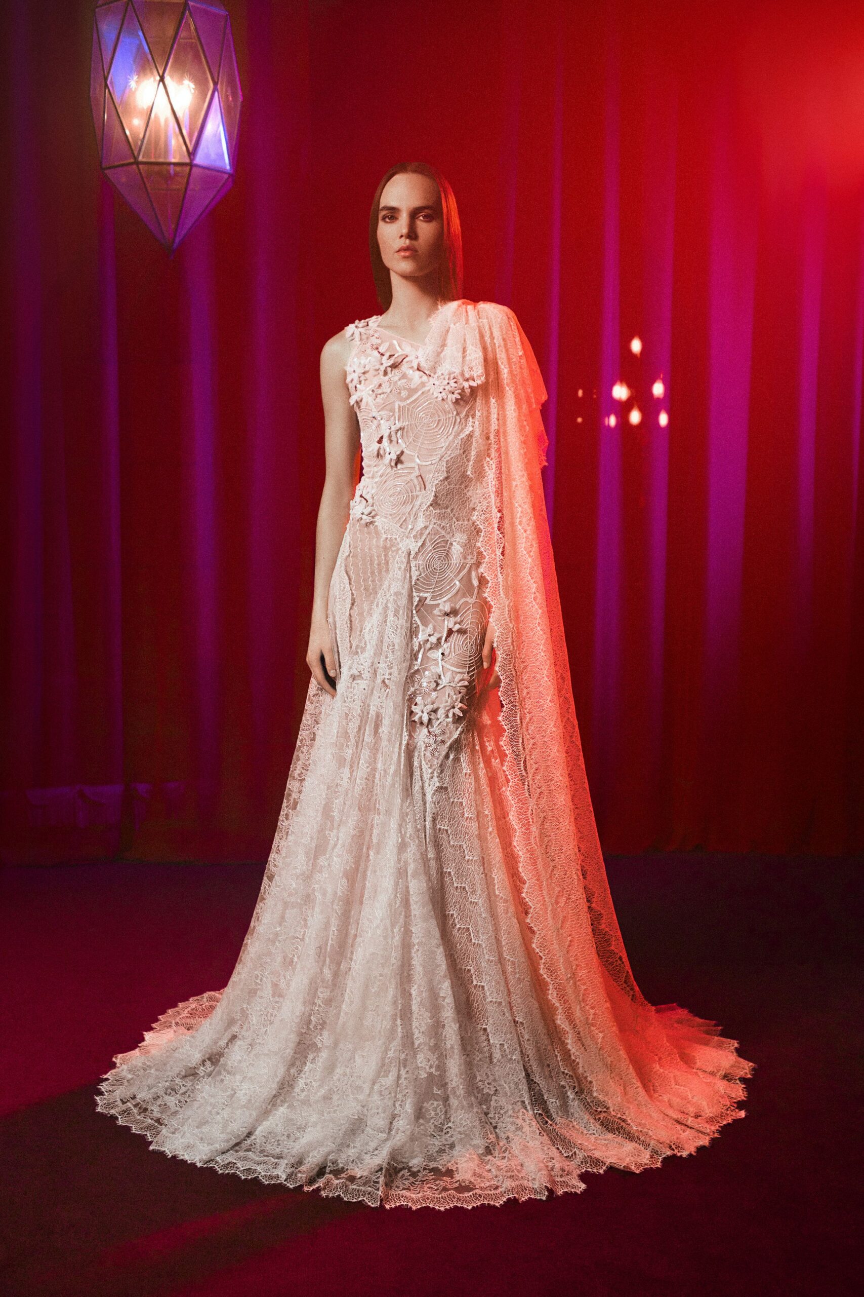 white lace sleeveless gown