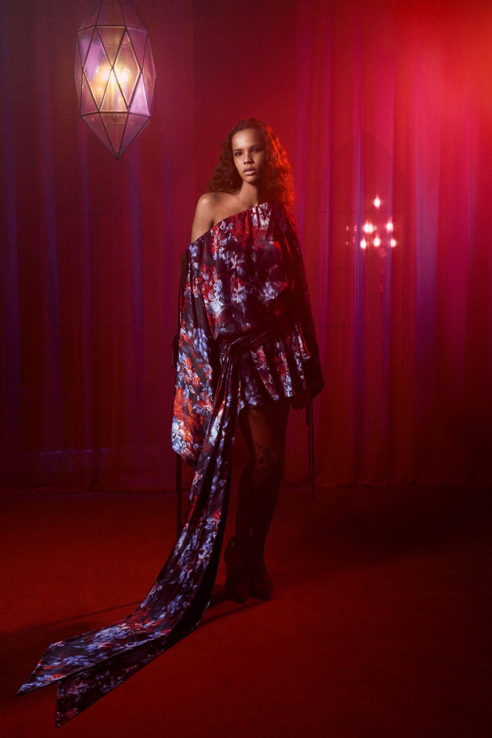 red silk off-shoulder fitted floral flared midi dress
