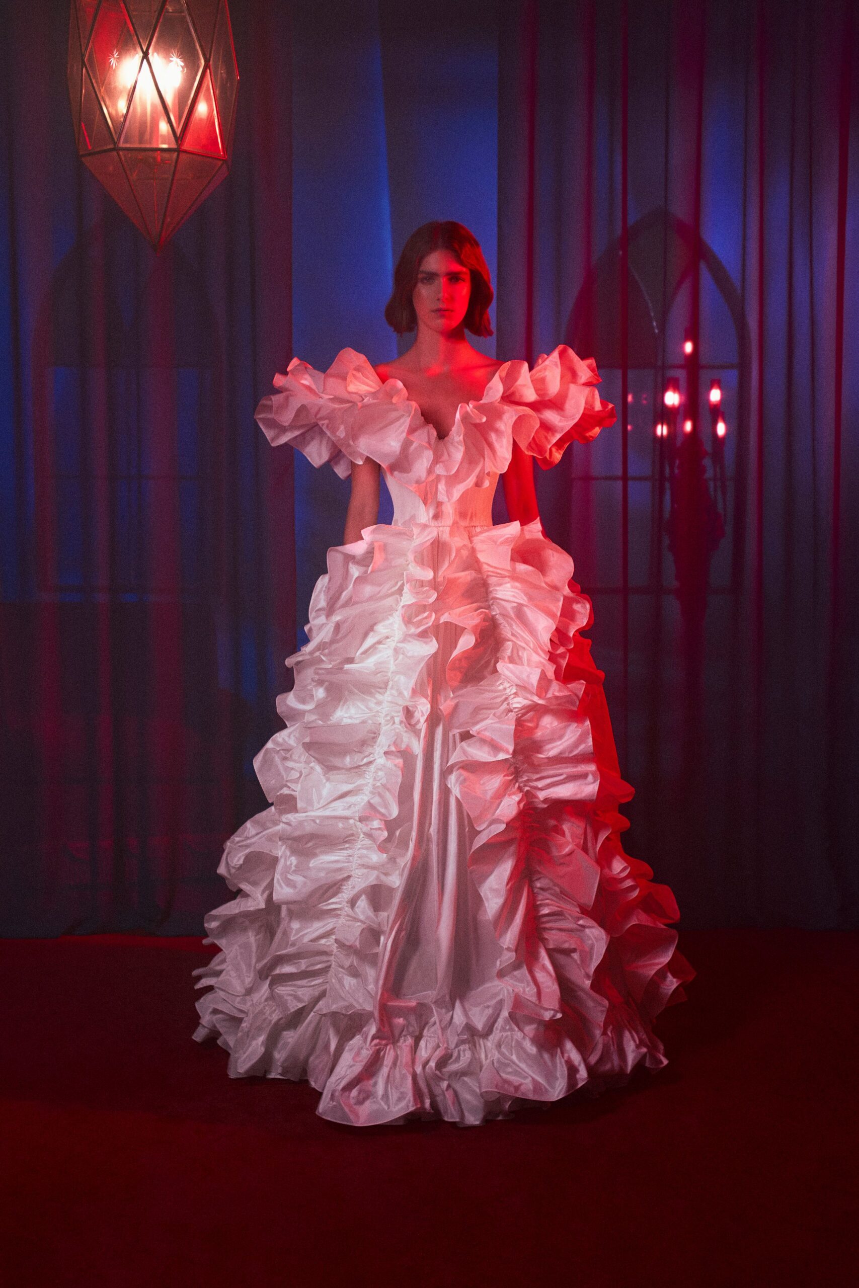 white silk off-shoulder gown